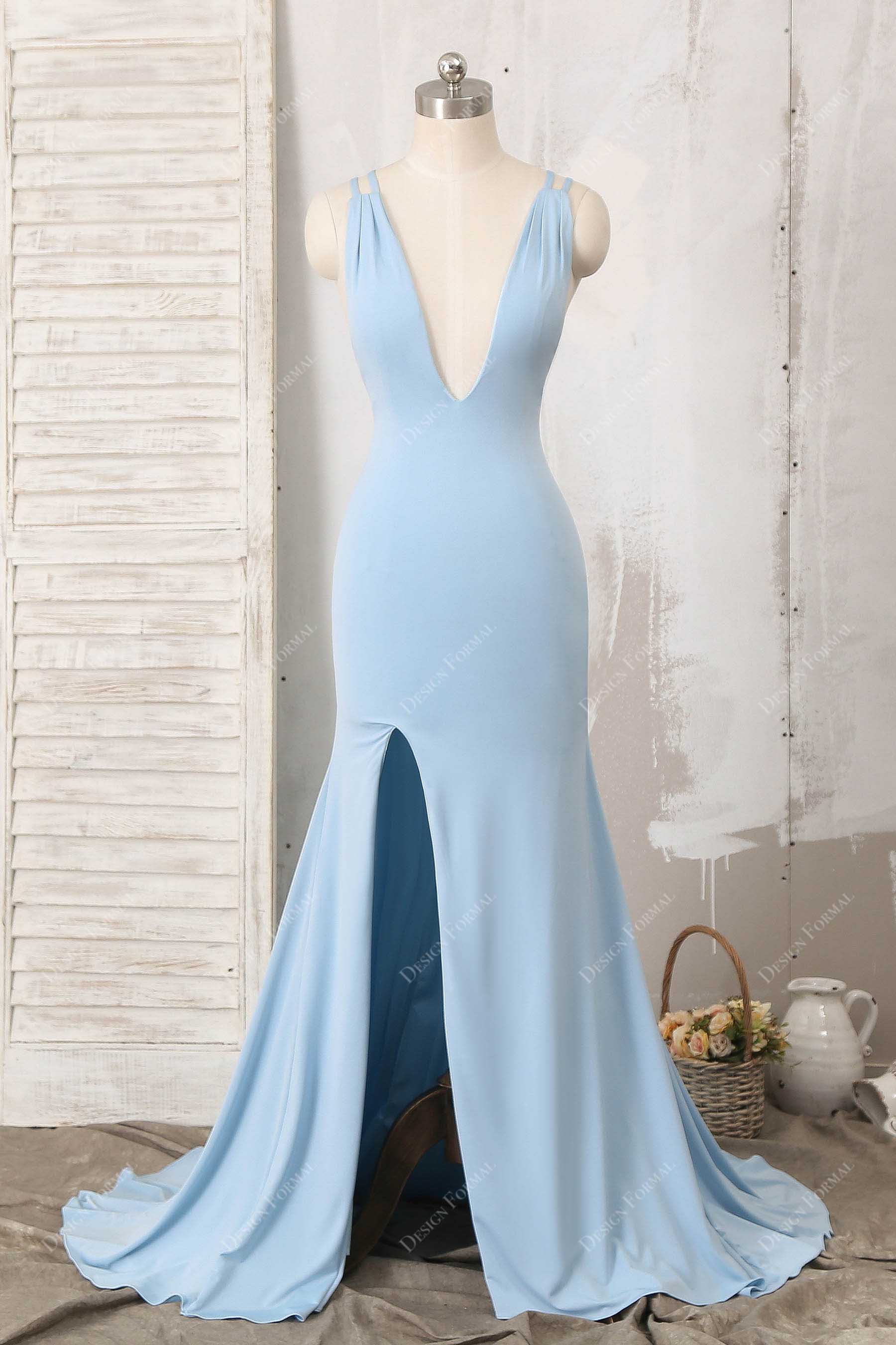 Ice Blue Jersey Sexy Plunging Strappy Back Slit Mermaid Prom Dress
