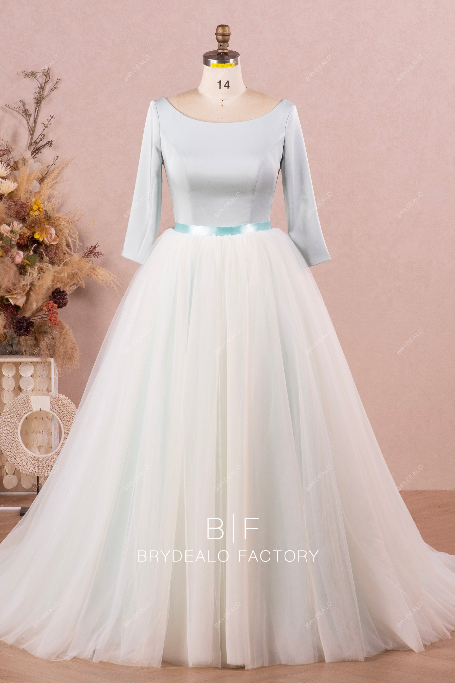 ice blue three quarter sleeve puffy ball gown wedding dress