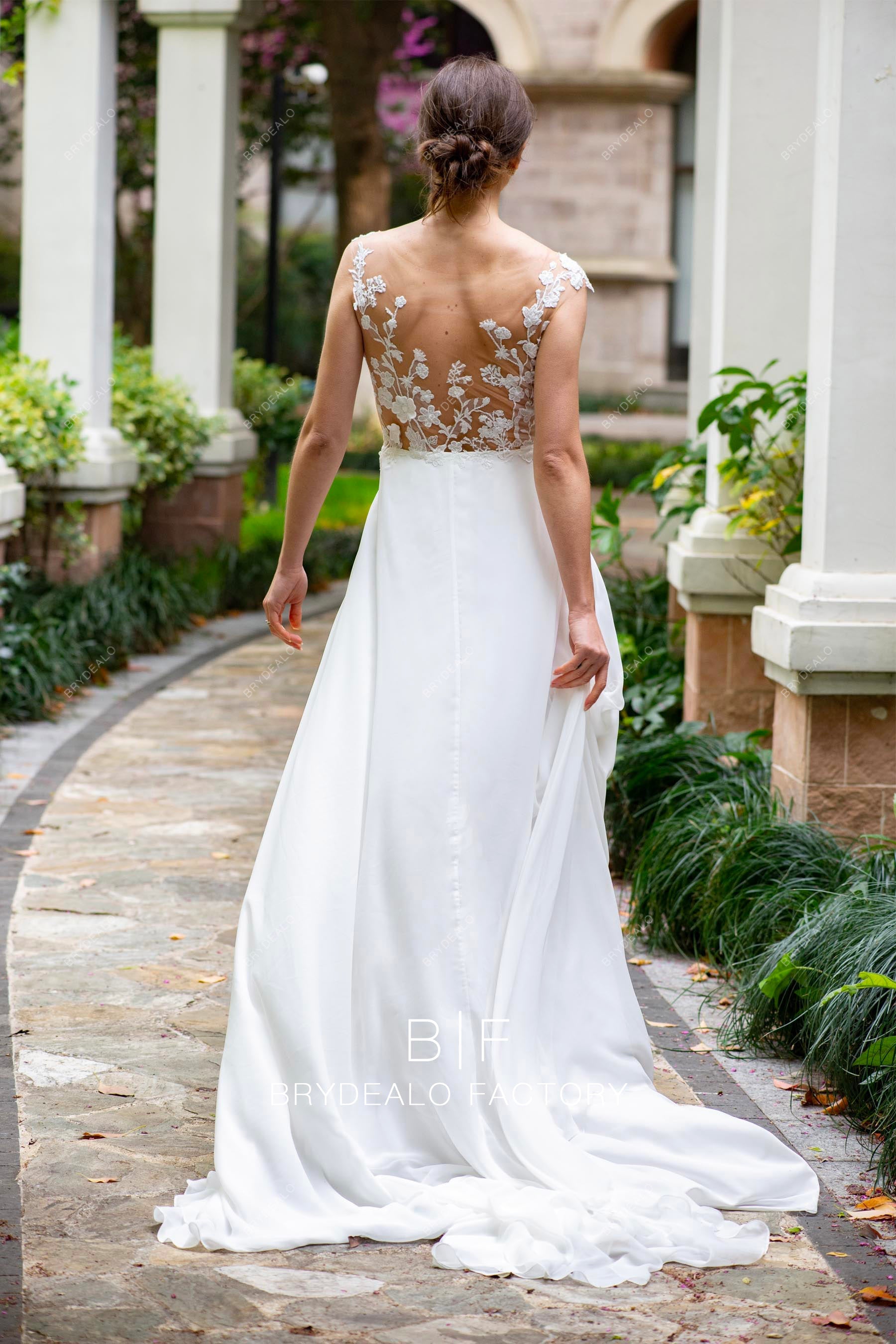 illusion lace back long train chiffon beach wedding dress