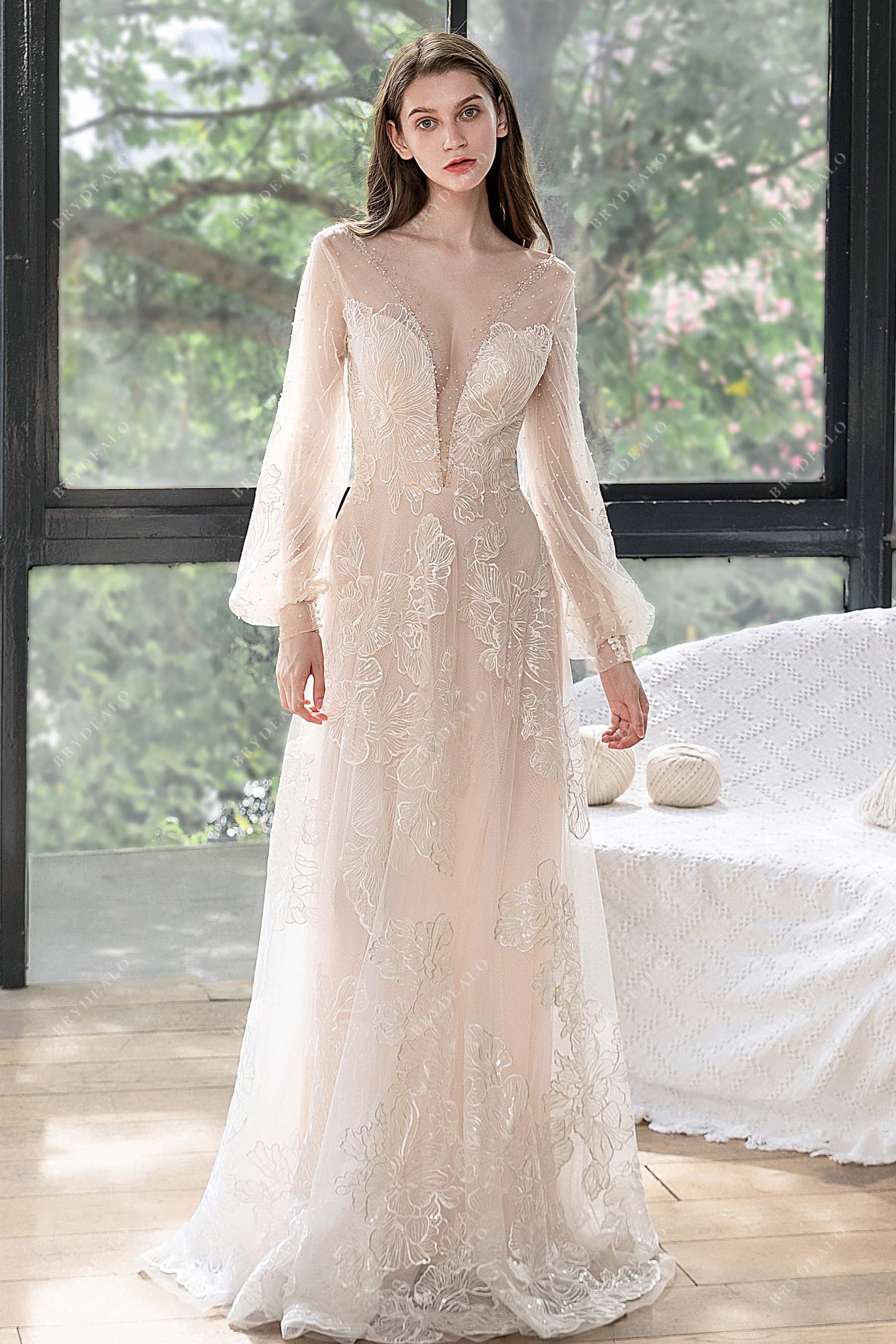 Boho Lace Beaded Plunging Bishop Sleeve Nude Beach Bridal Dress, White Boho Lace Beaded Plunging Bishop Sleeve Nude Beach Bridal Dress, White