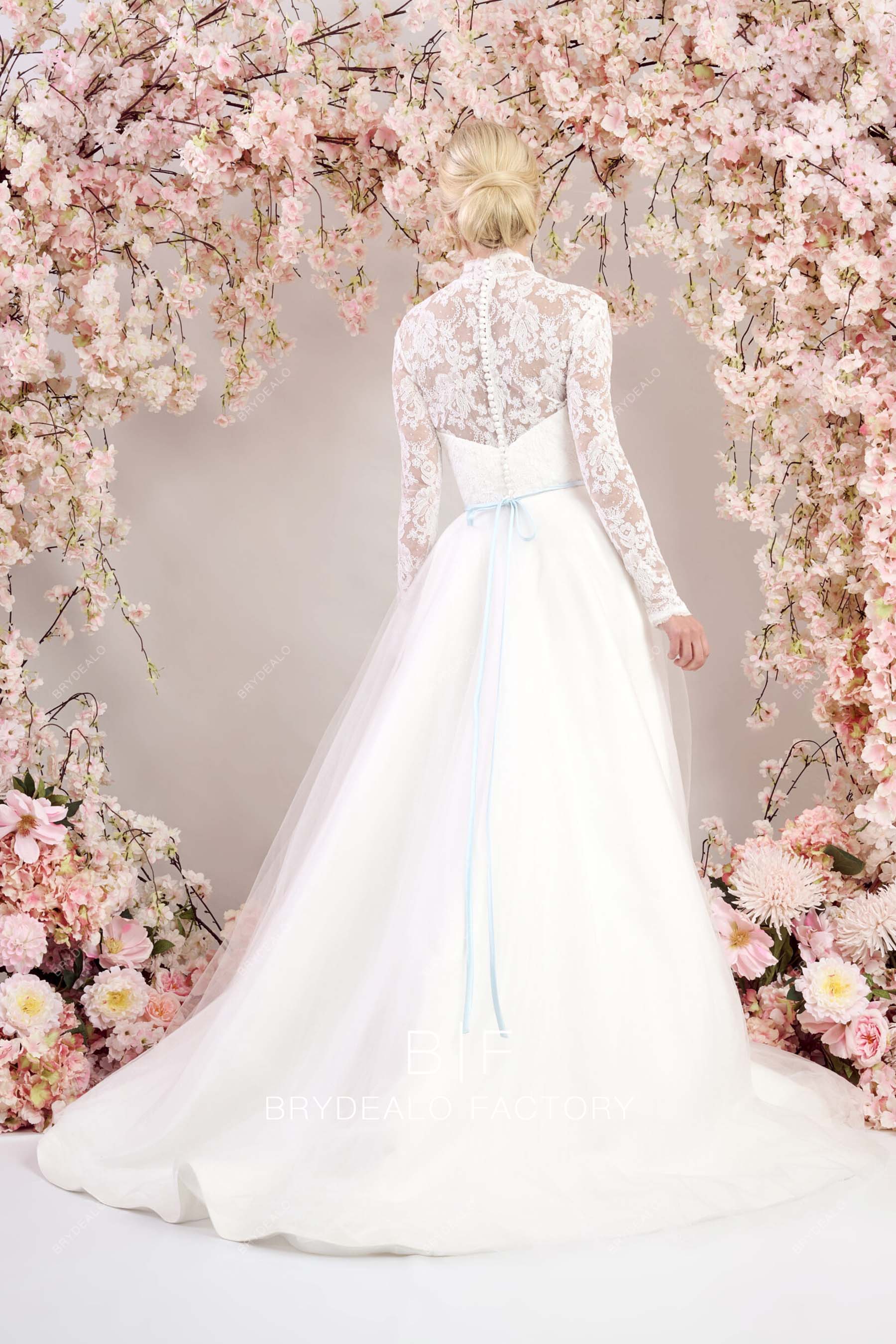 illusion back A-line long train modest wedding gown