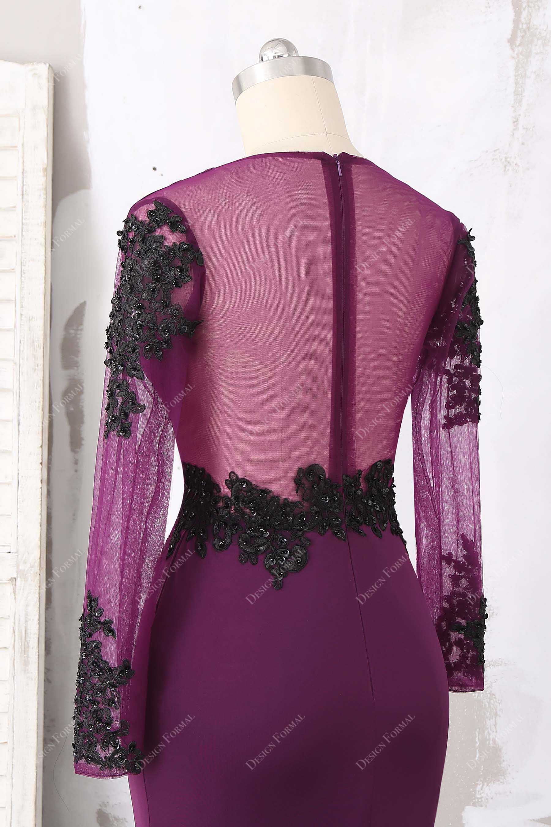 illusion back black applique grape jersey prom dress