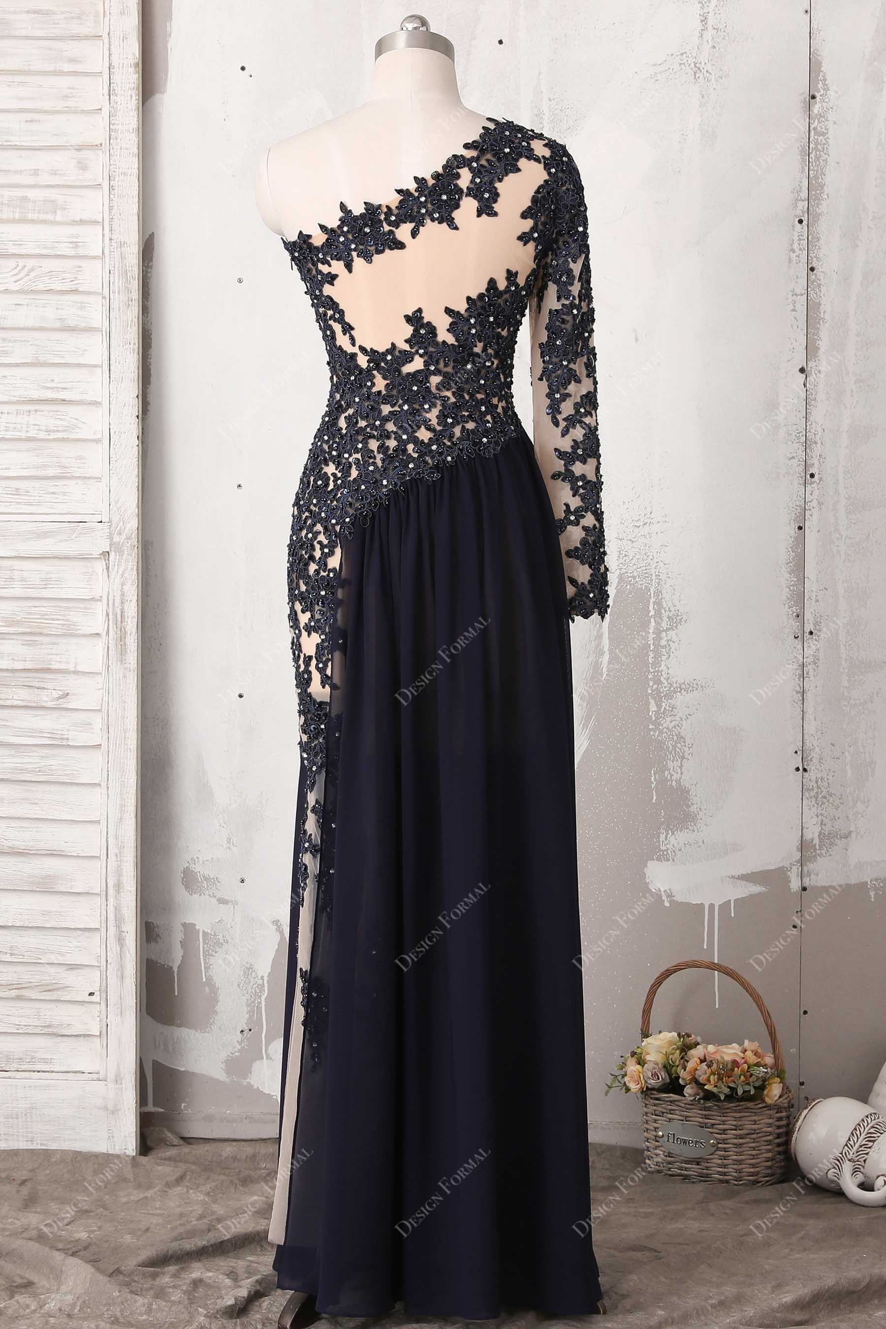 illusion back floor length prom dress