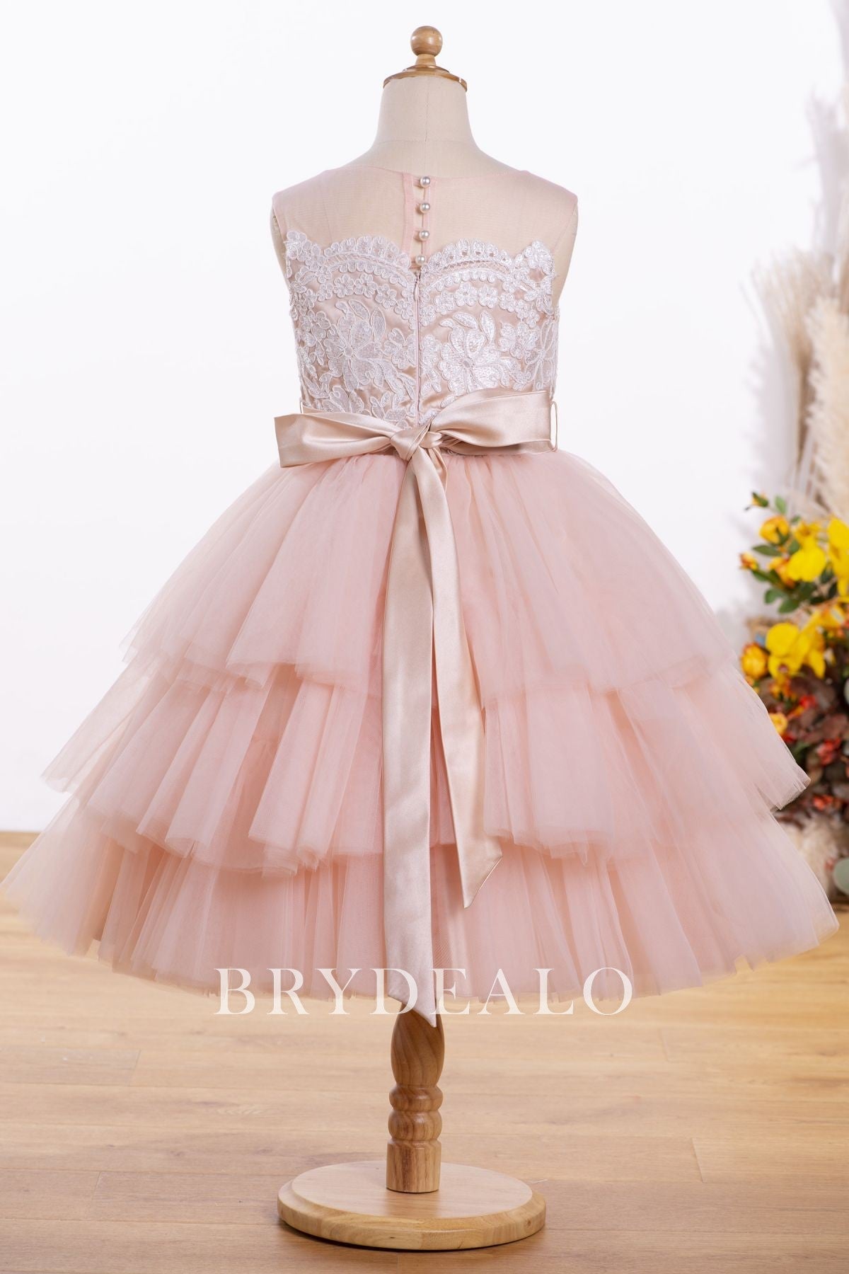 Illusion Back Pink Knee Length Tiered Flower Girl Dress Online