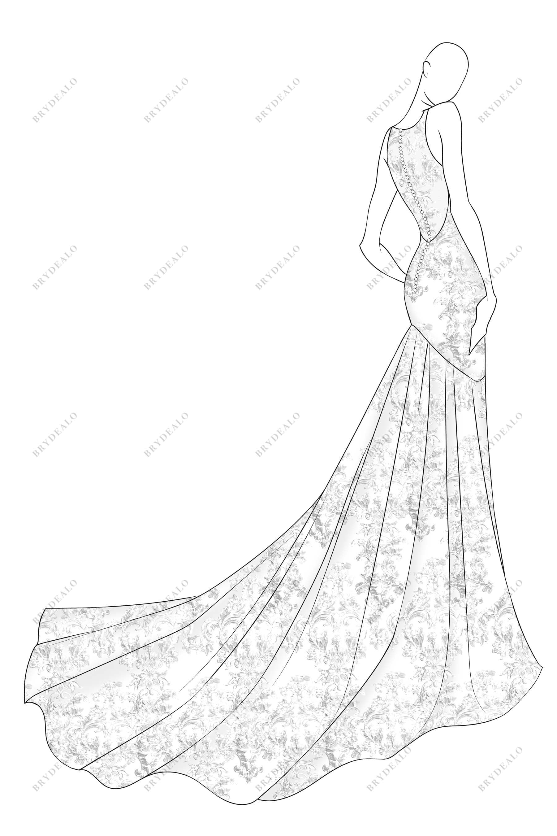 illusion back mermaid lace hand-drawn bridal dress design