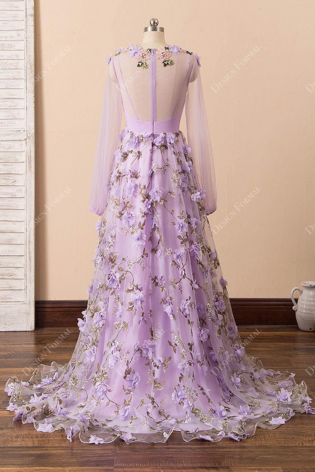 illusion back lilac organza flowers dress