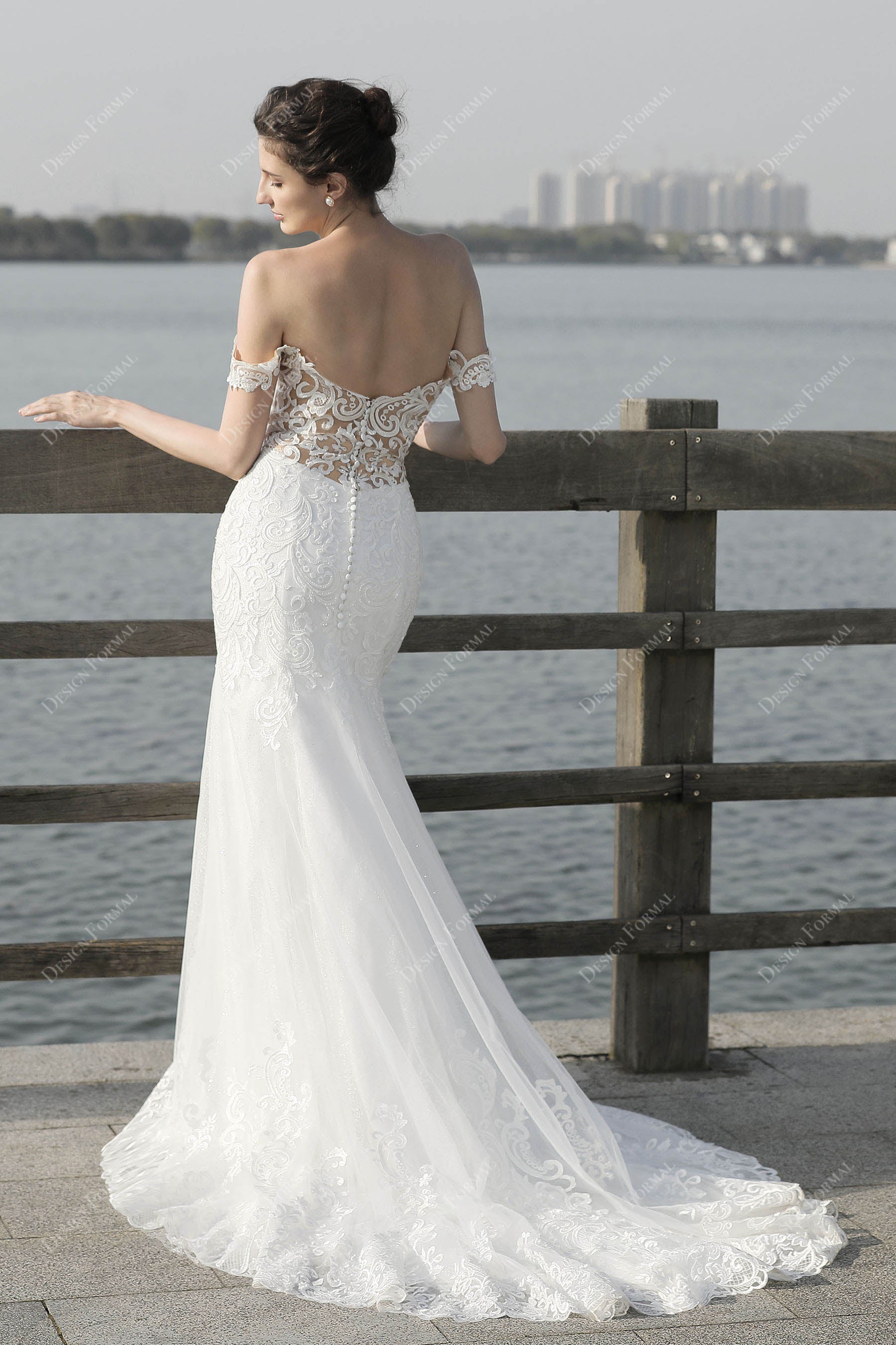 illusion back off shoulder long train wedding gown