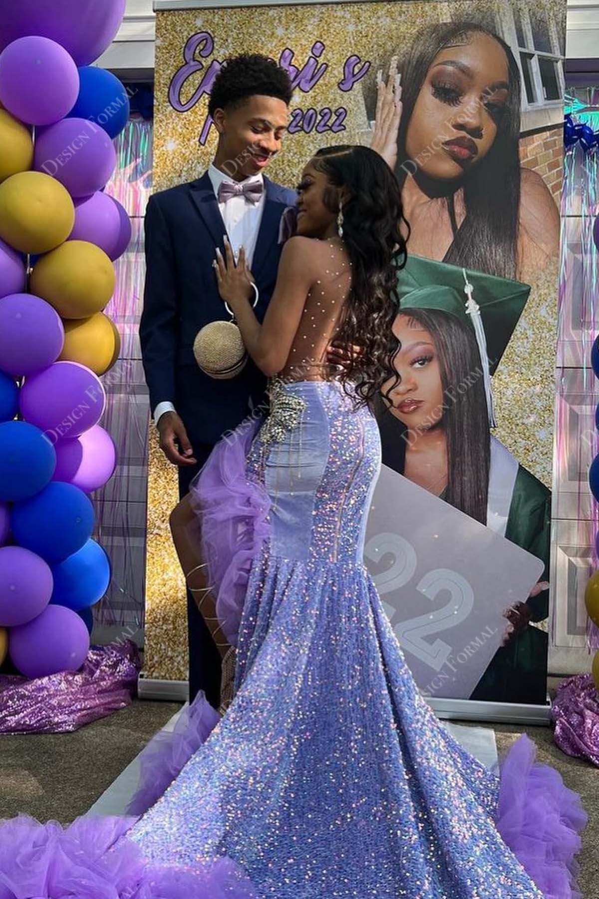 illusion back purple sequin ruffled tulle hem mermaid prom dress