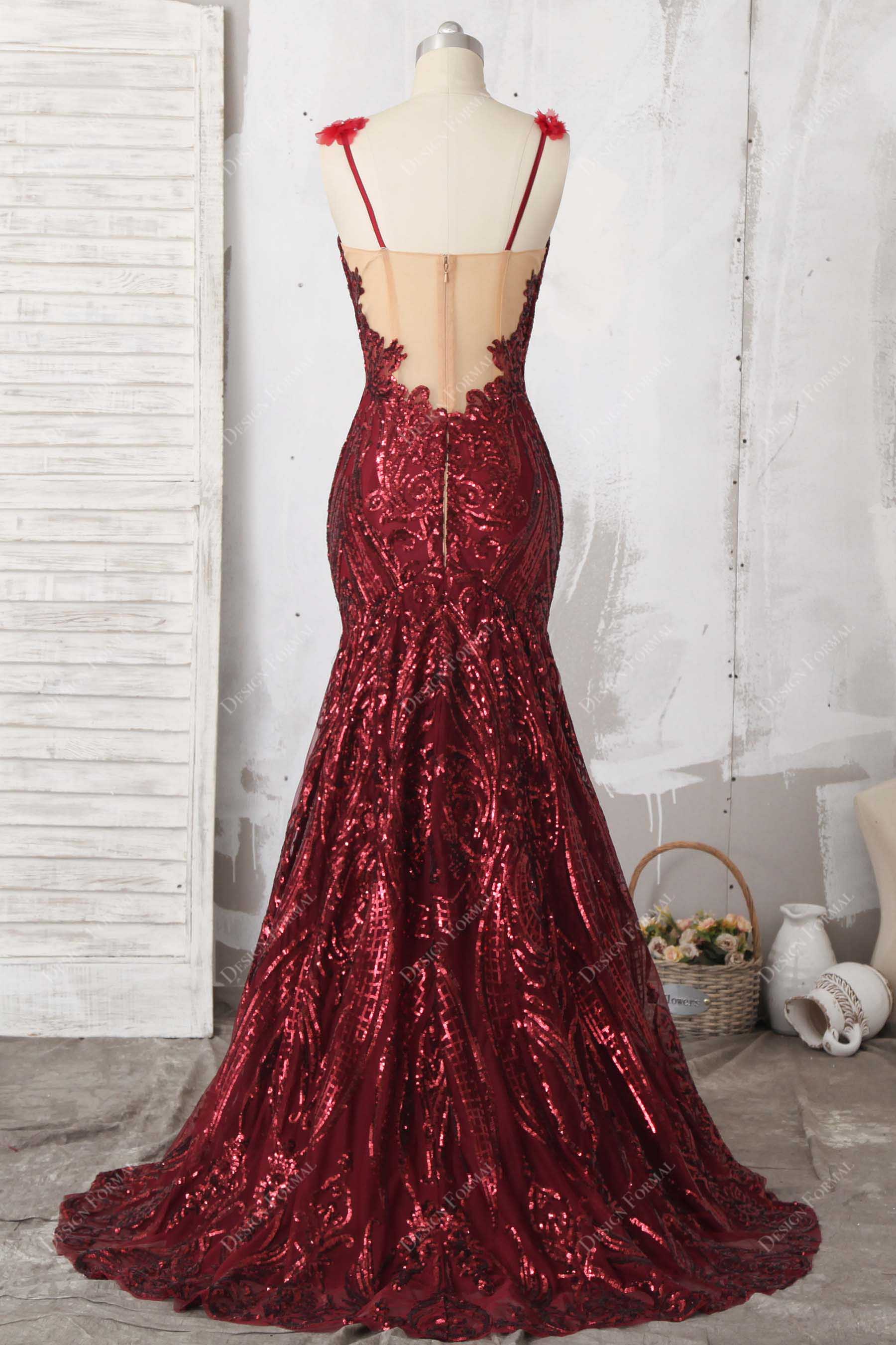 illusion back spaghetti straps sequin mermaid gown
