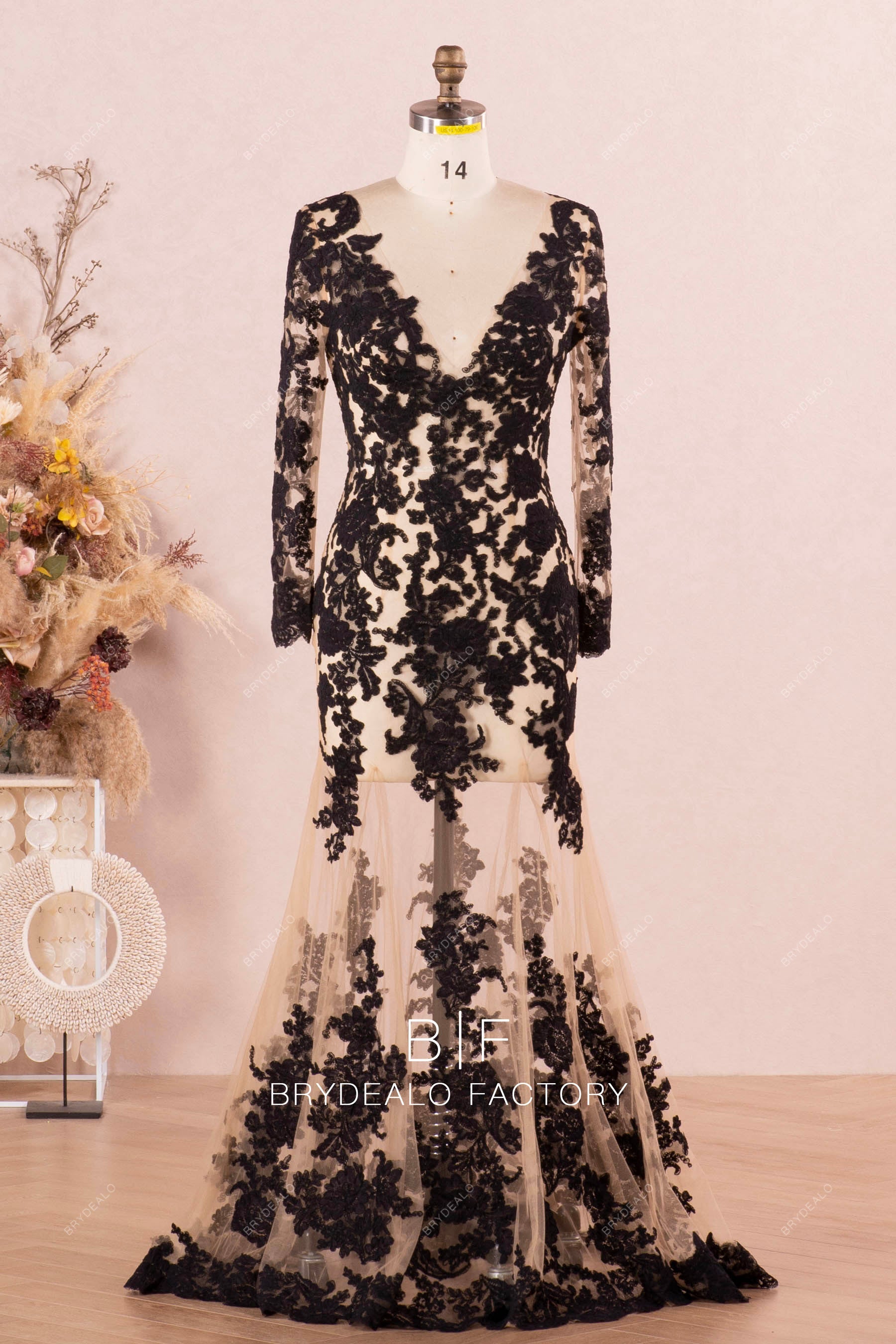 Boho Black Lace Long Sleeves Alluring Illusion Mermaid Wedding Gown, White / Without Lining Boho Black Lace Long Sleeves Alluring Illusion Mermaid Wedding Gown, White / Without Lining
