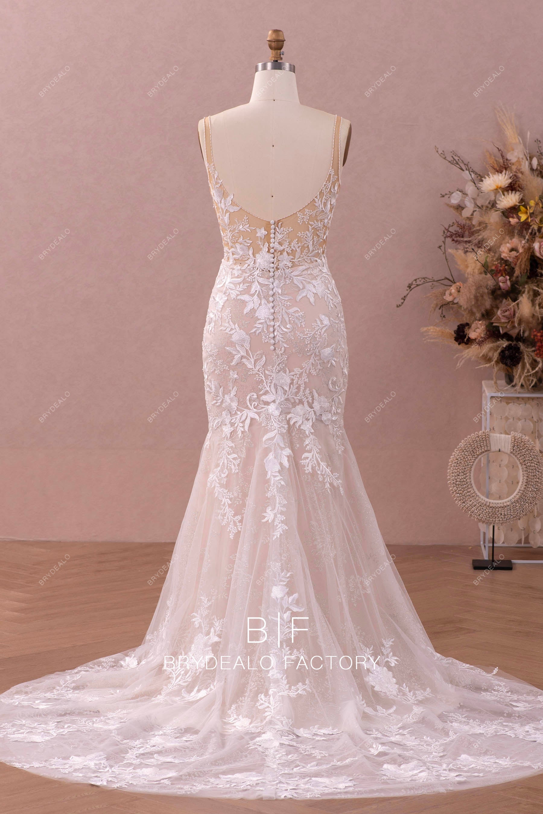 open buttoned back mermaid lace wedding dress