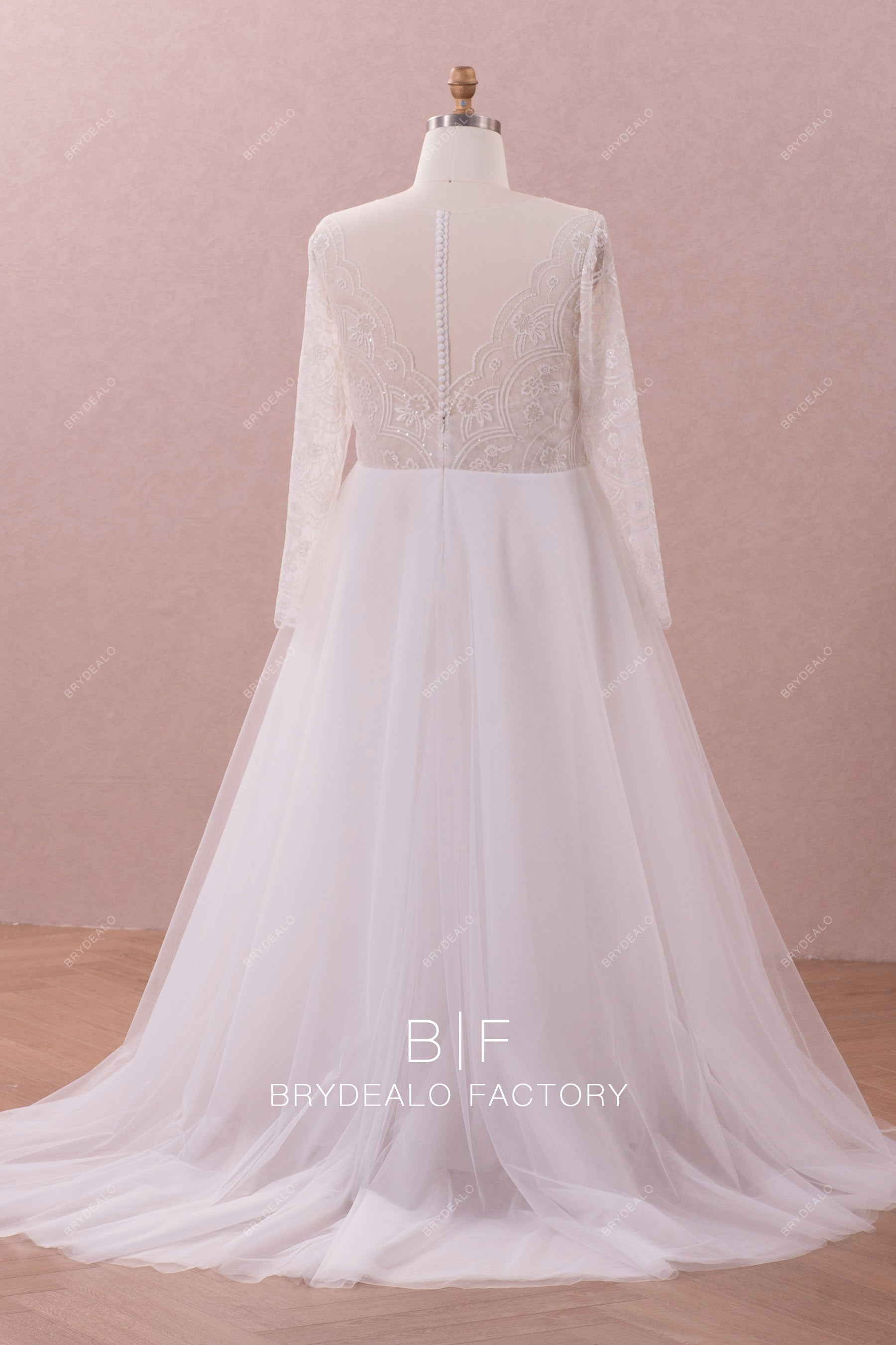 illusion back sheer sleeves court train wedding dress