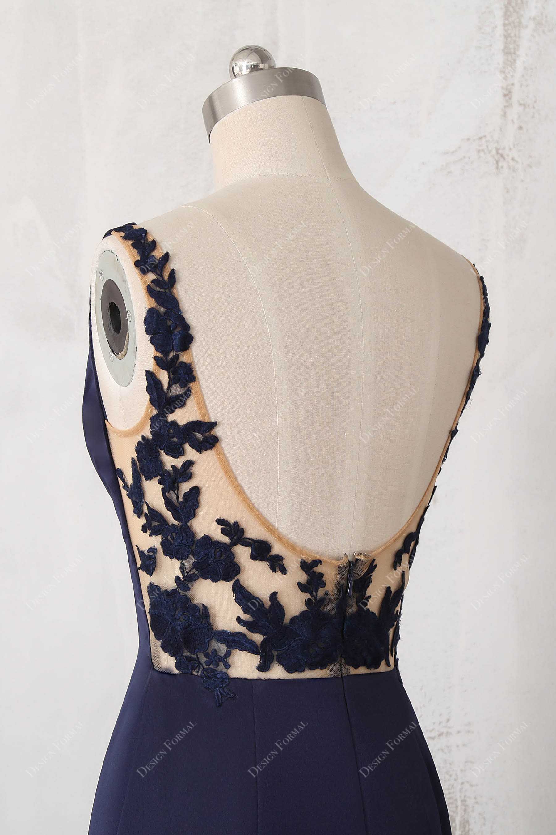 illusion cutout back Navy Satin dress