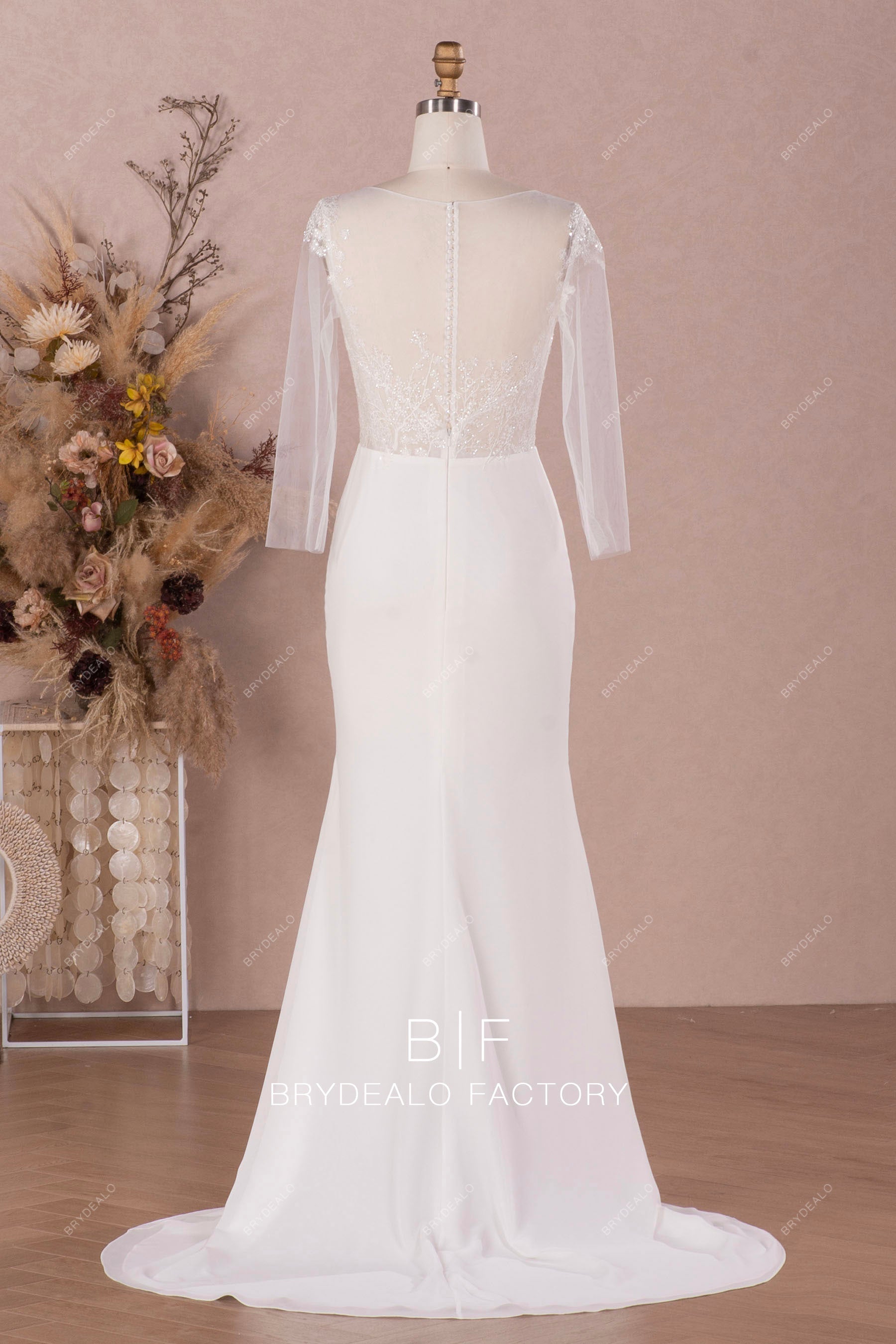 illusion back long sleeves mermaid wedding dress