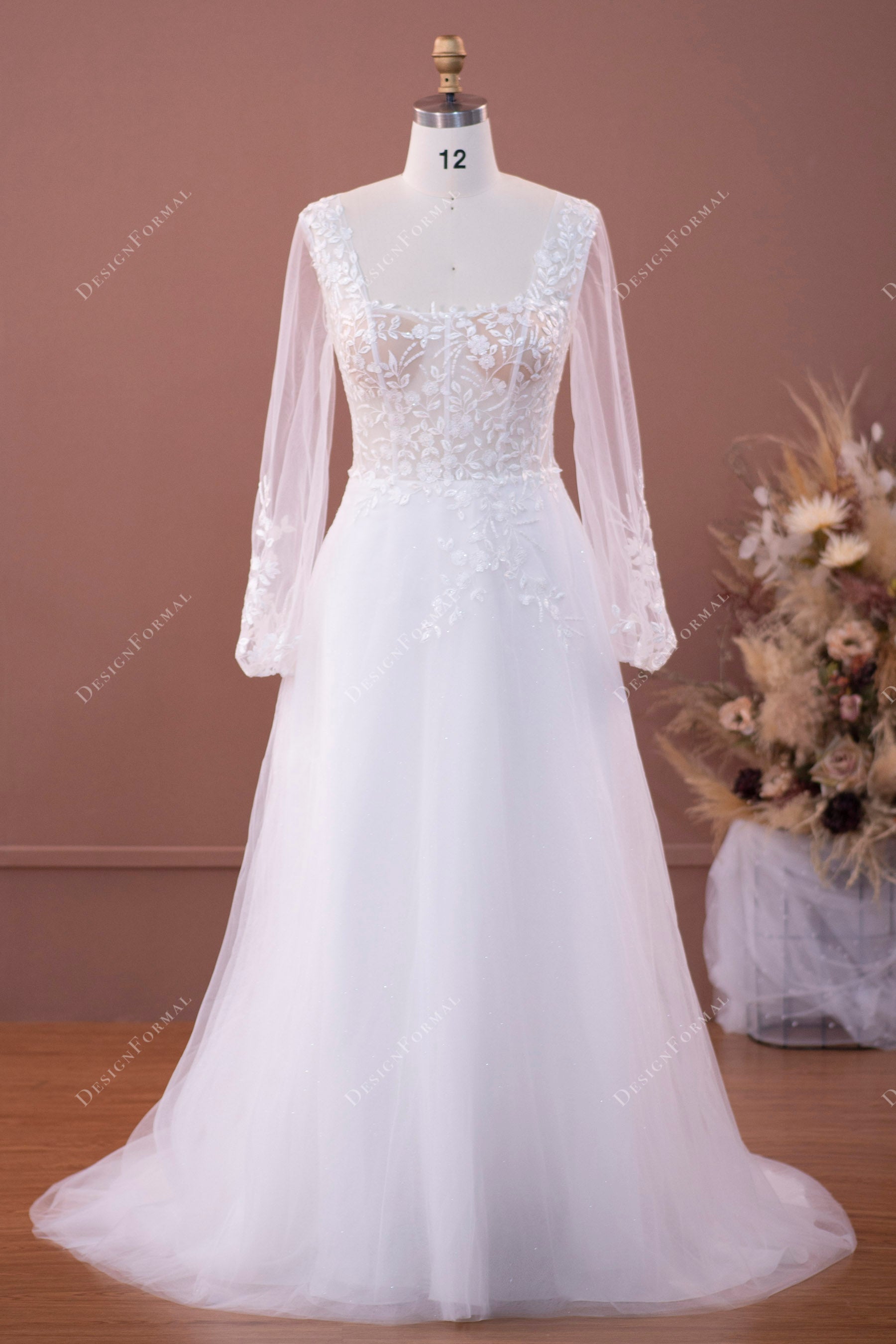 Illusion Long Sleeve Lace Shimmery Tulle A-line Wedding Gown Illusion Long Sleeve Lace Shimmery Tulle A-line Wedding Gown