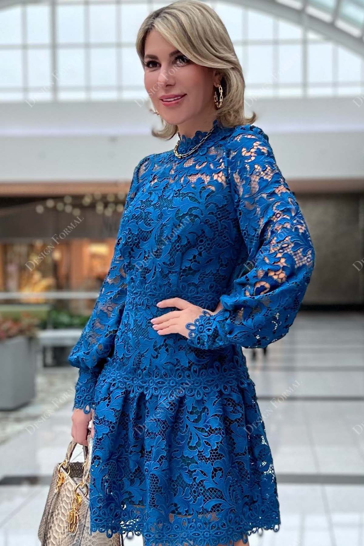 illusion high neck bell sleeves royal blue lace knee length formal gown