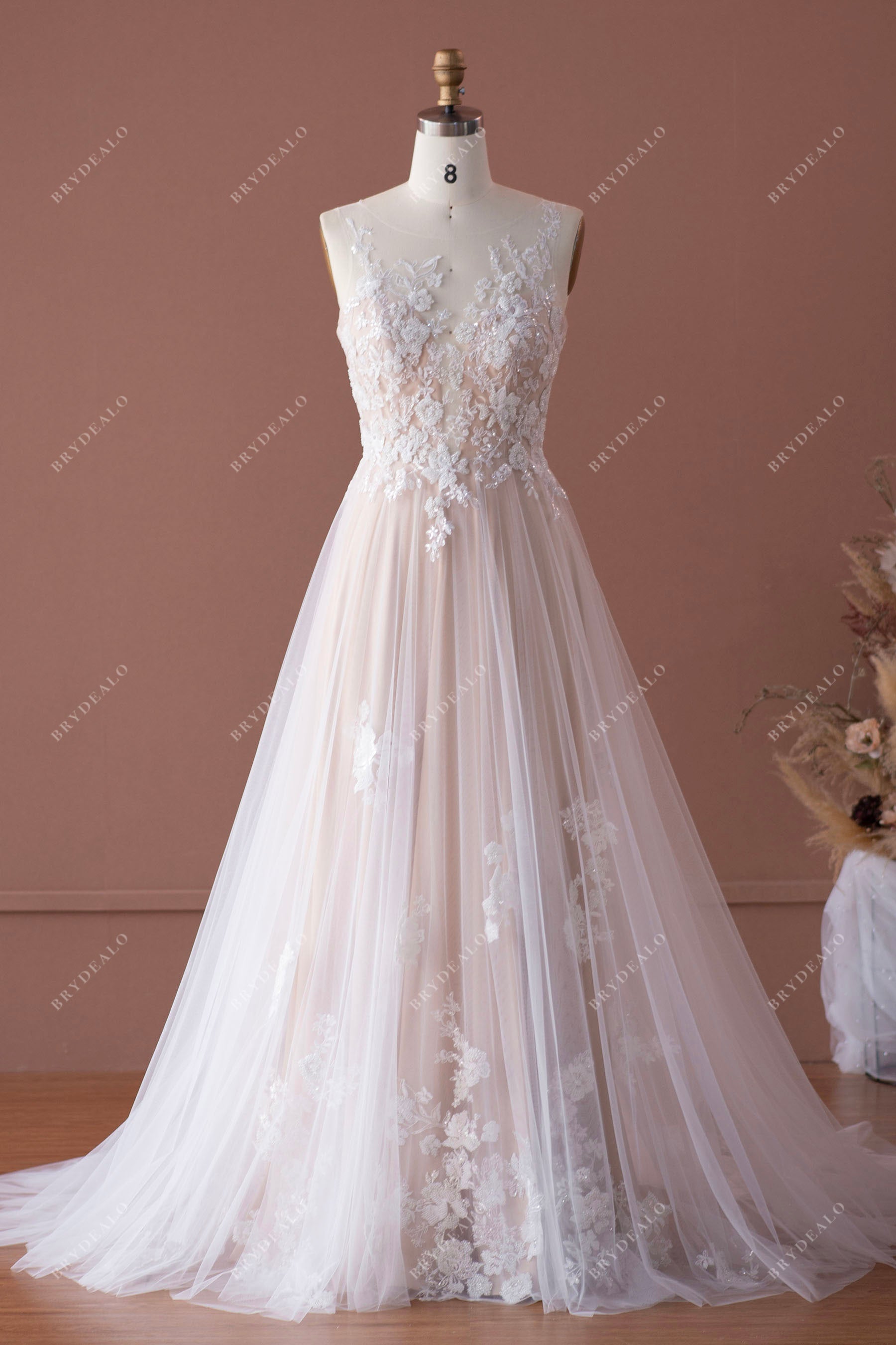 Romantic Beaded Lace Illusion Neck Nude Beige A-line Wedding Dress, Nude Beige Romantic Beaded Lace Illusion Neck Nude Beige A-line Wedding Dress, Nude Beige