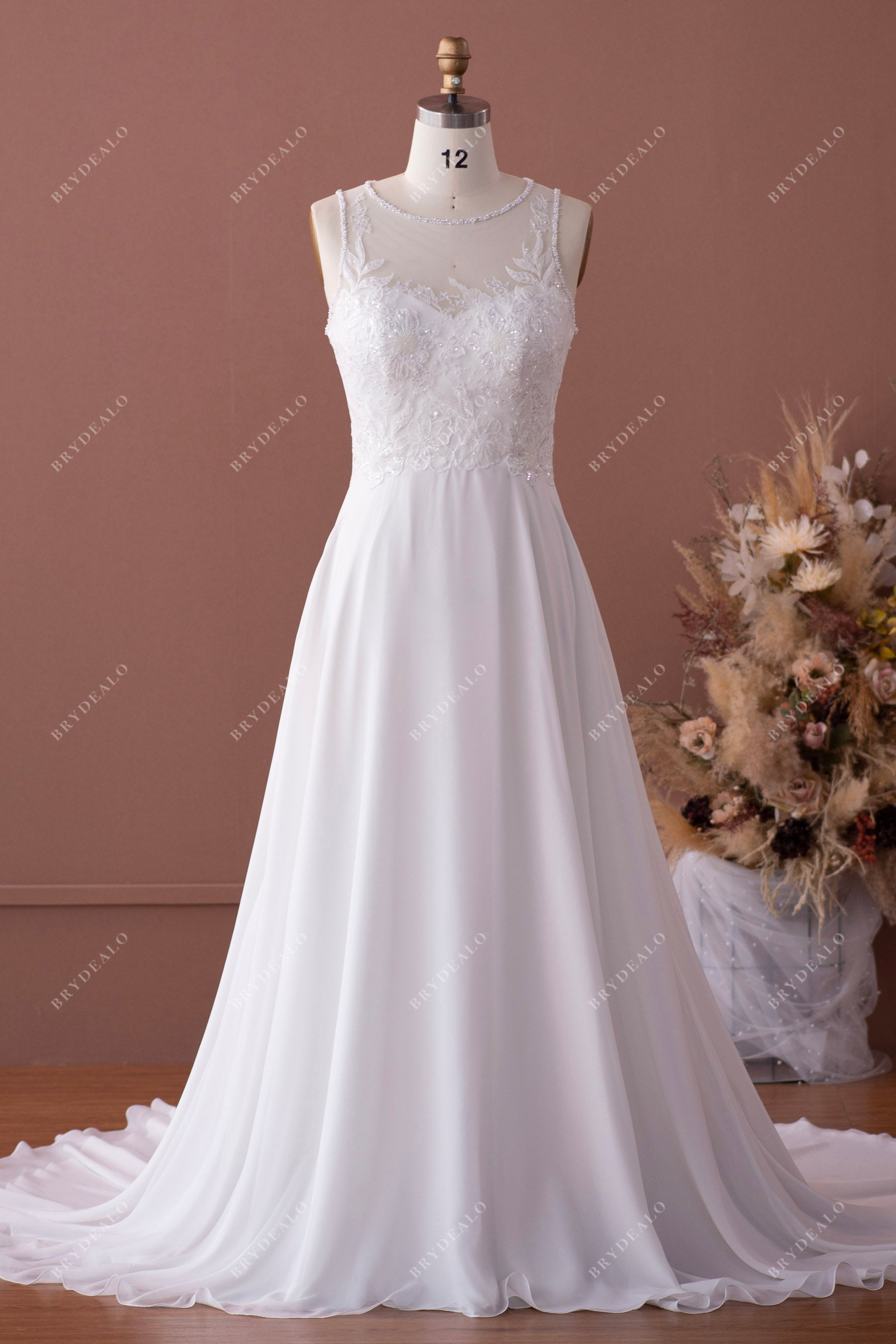 Beaded Illusion Neck Lace Chiffon Spring Destination Wedding Dress Beaded Illusion Neck Lace Chiffon Spring Destination Wedding Dress