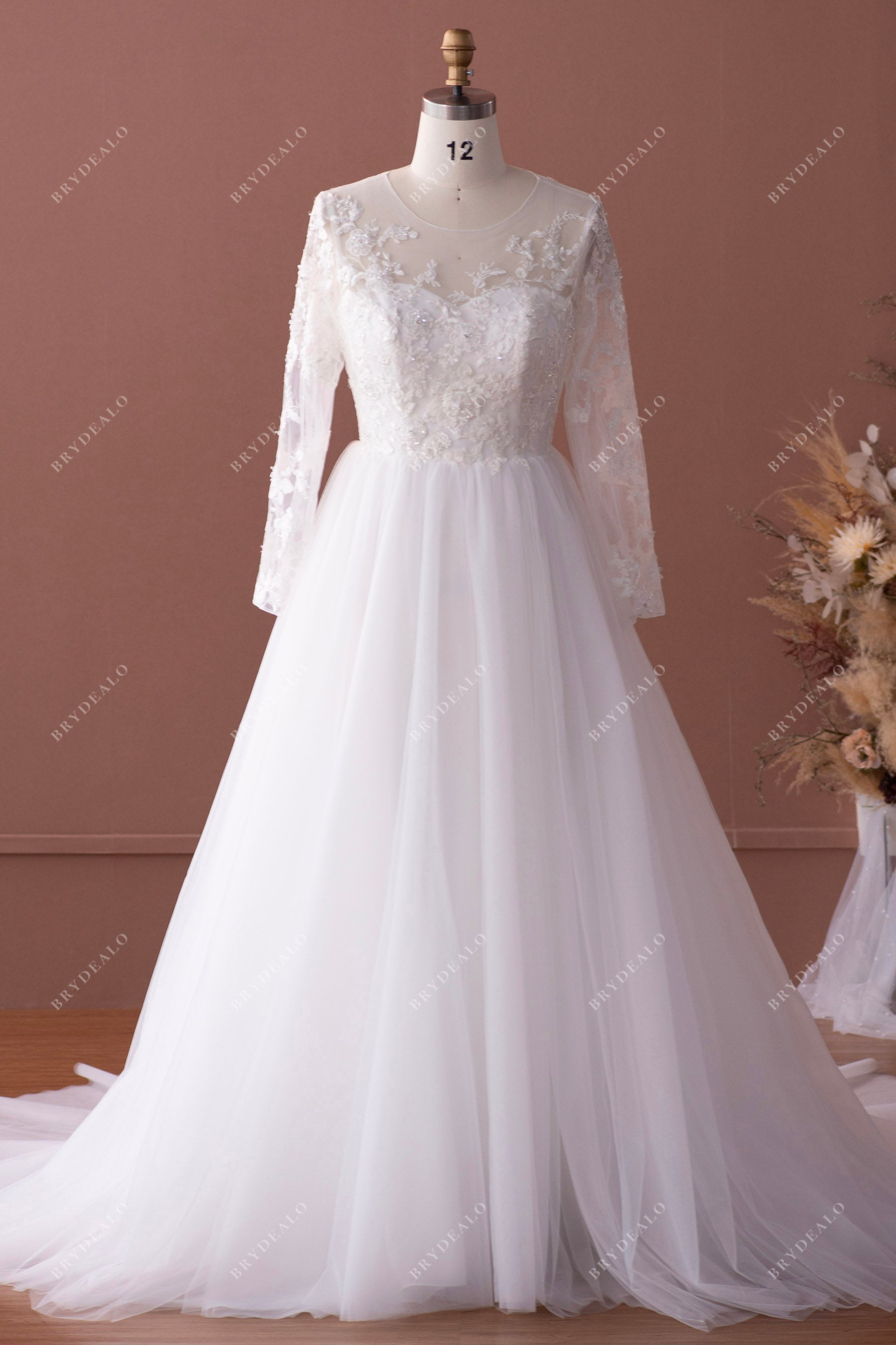 illusion neck beaded lace tulle modern bridal gown