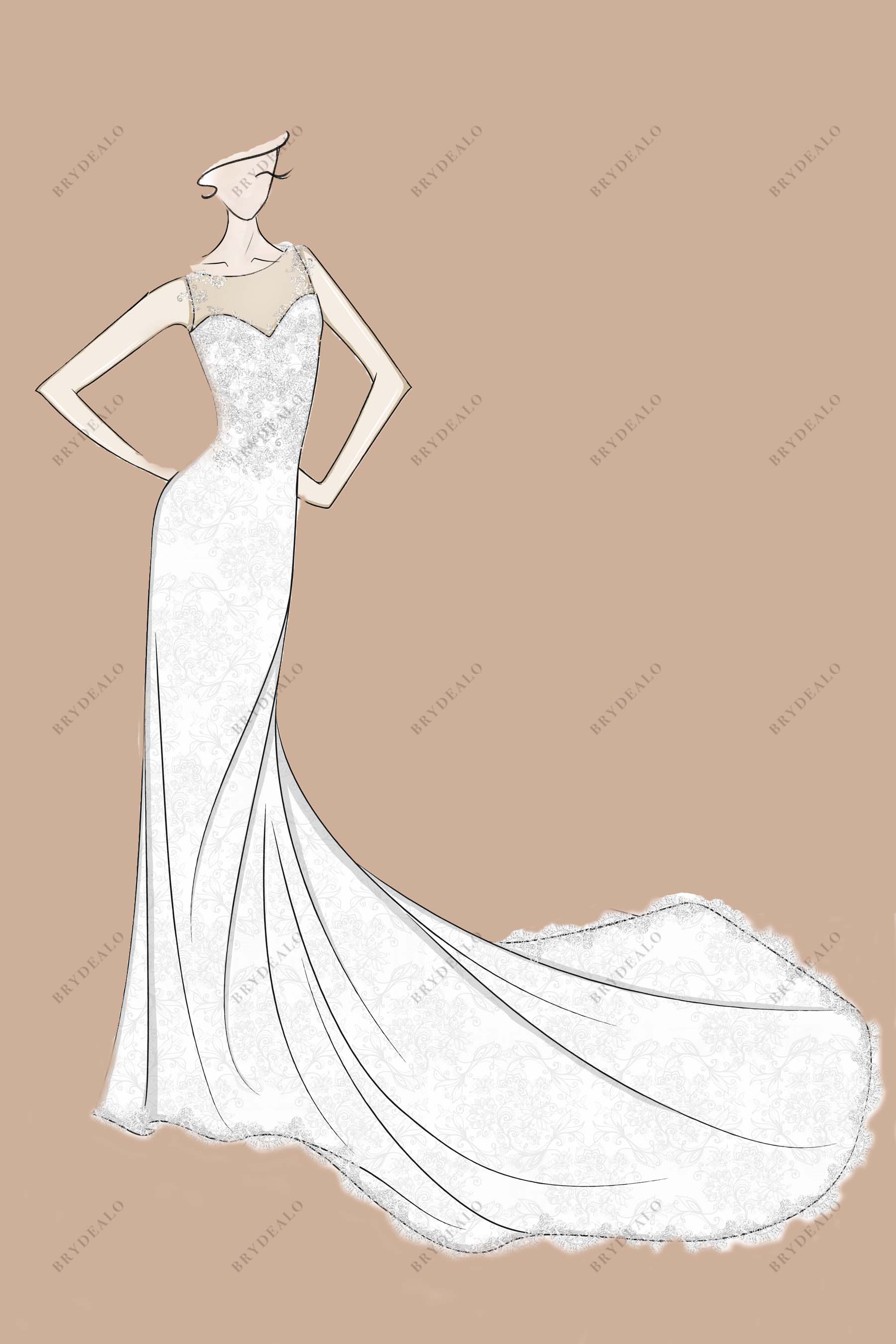 Illusion Neck Designer Lace Mermaid Wedding Dress Sketch, A Custom Sketch Illusion Neck Designer Lace Mermaid Wedding Dress Sketch, A Custom Sketch