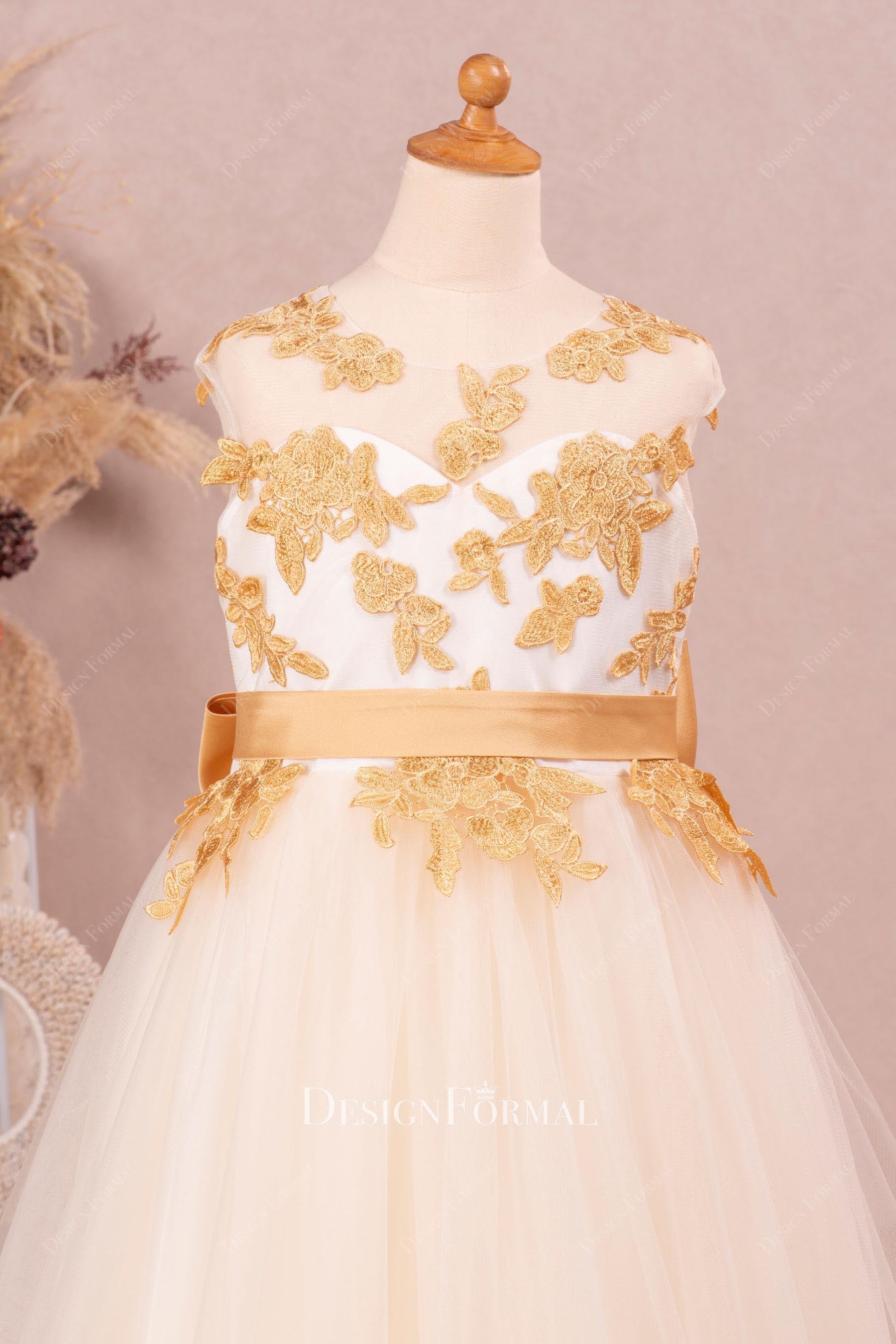 illusion neck gold lace flower girl dress