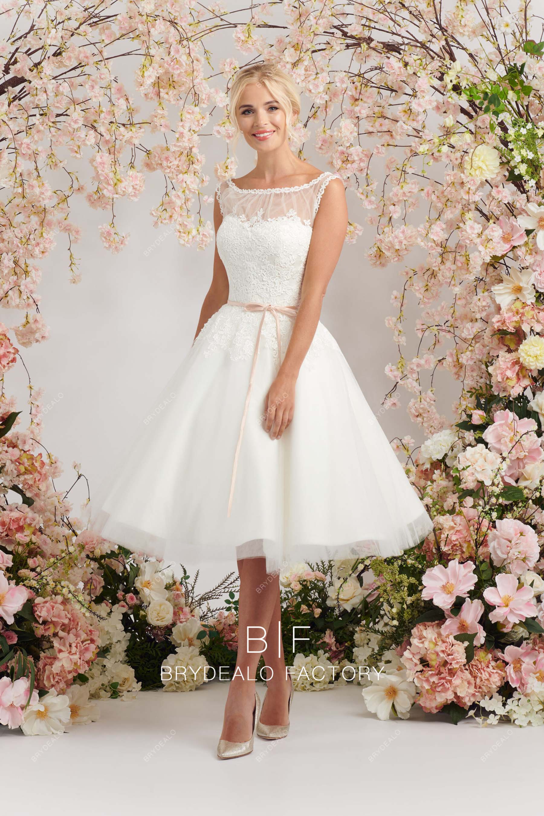Refined Lace Sleeveless Illusion Neck A-line Tea Length Wedding Dress Refined Lace Sleeveless Illusion Neck A-line Tea Length Wedding Dress