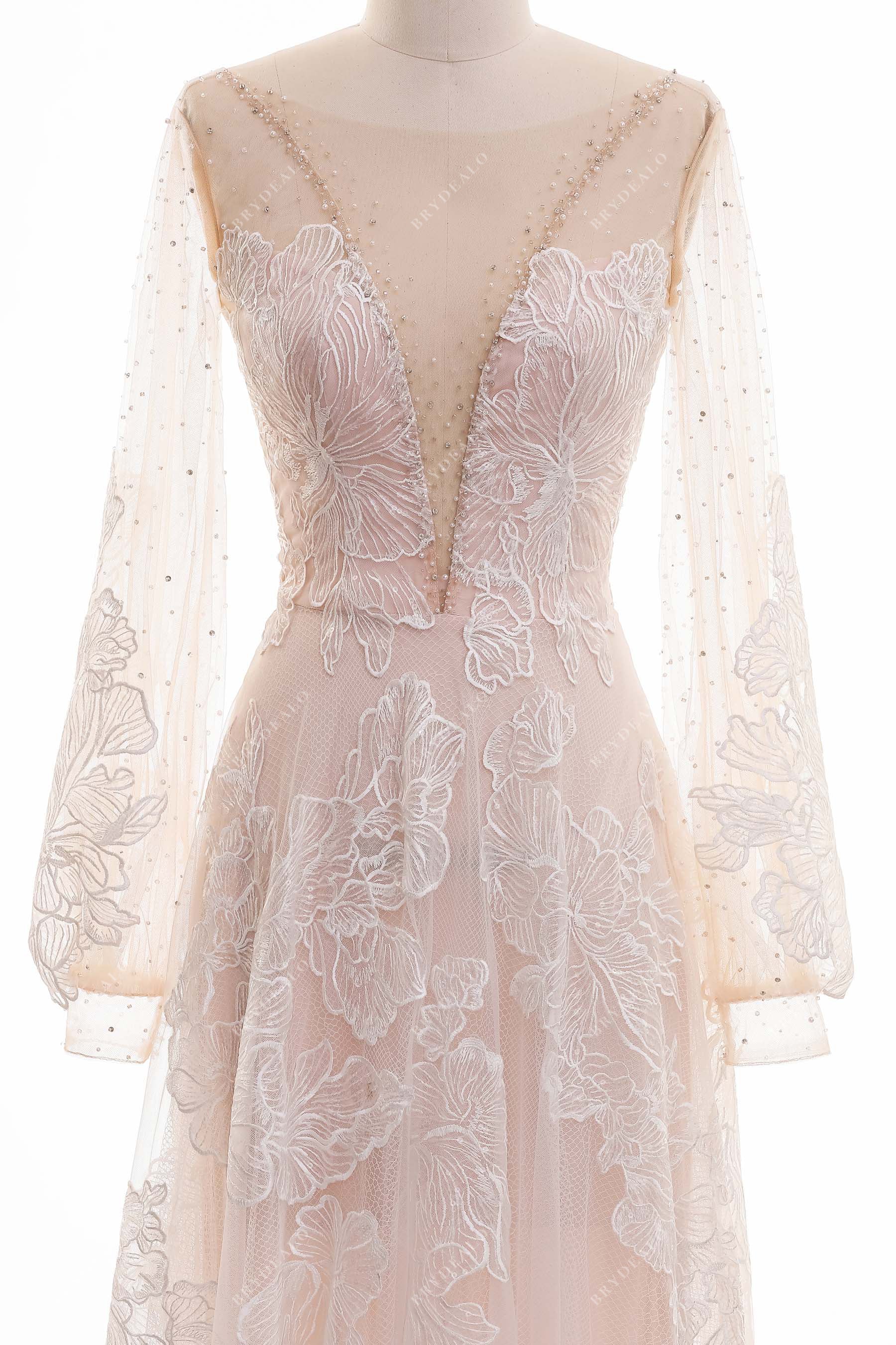 illusion plunging neck bishop sleeve boho bridal gown