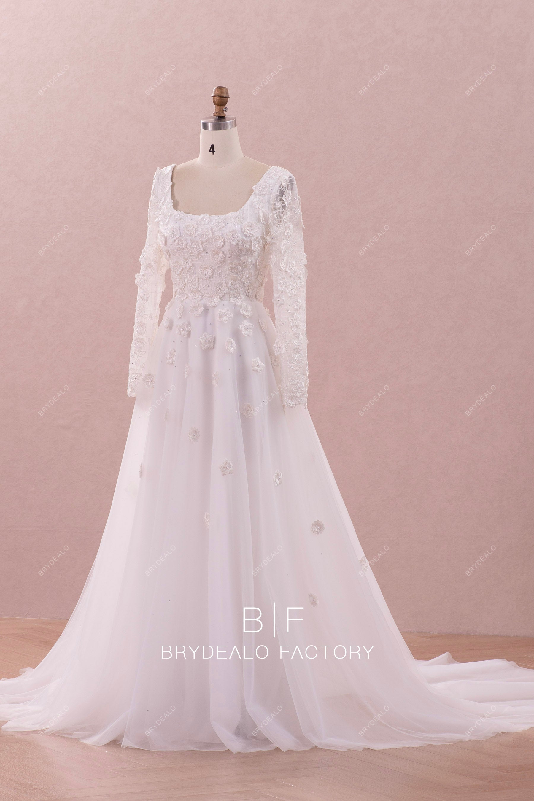 illusion sleeve romantic 3D flower lace bridal gown