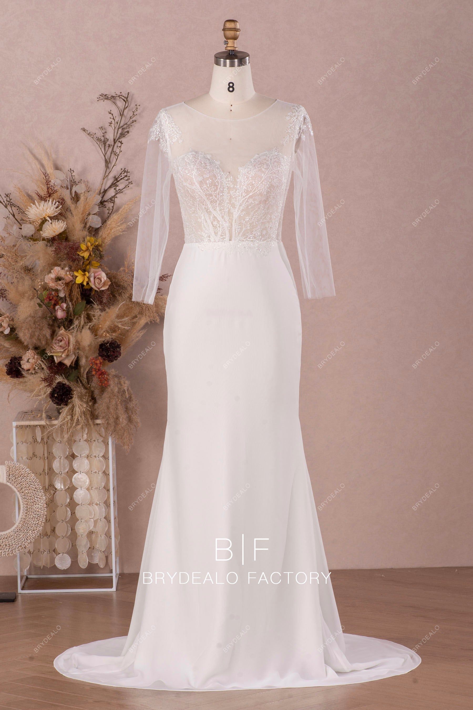 Long Sleeves Shimmery Lace Mermaid Chiffon Bridal Dress