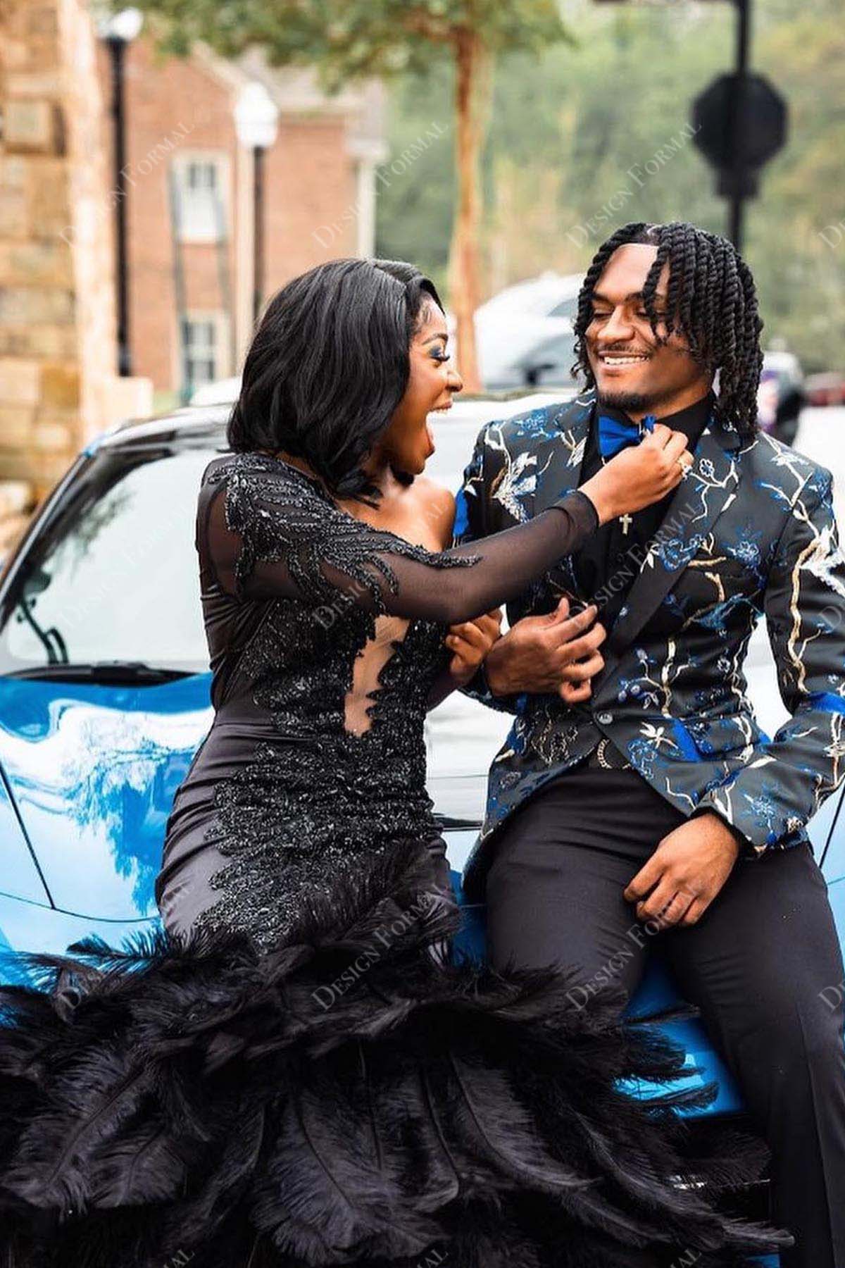 illusion one sleeve lace appliques feather mermaid prom dress