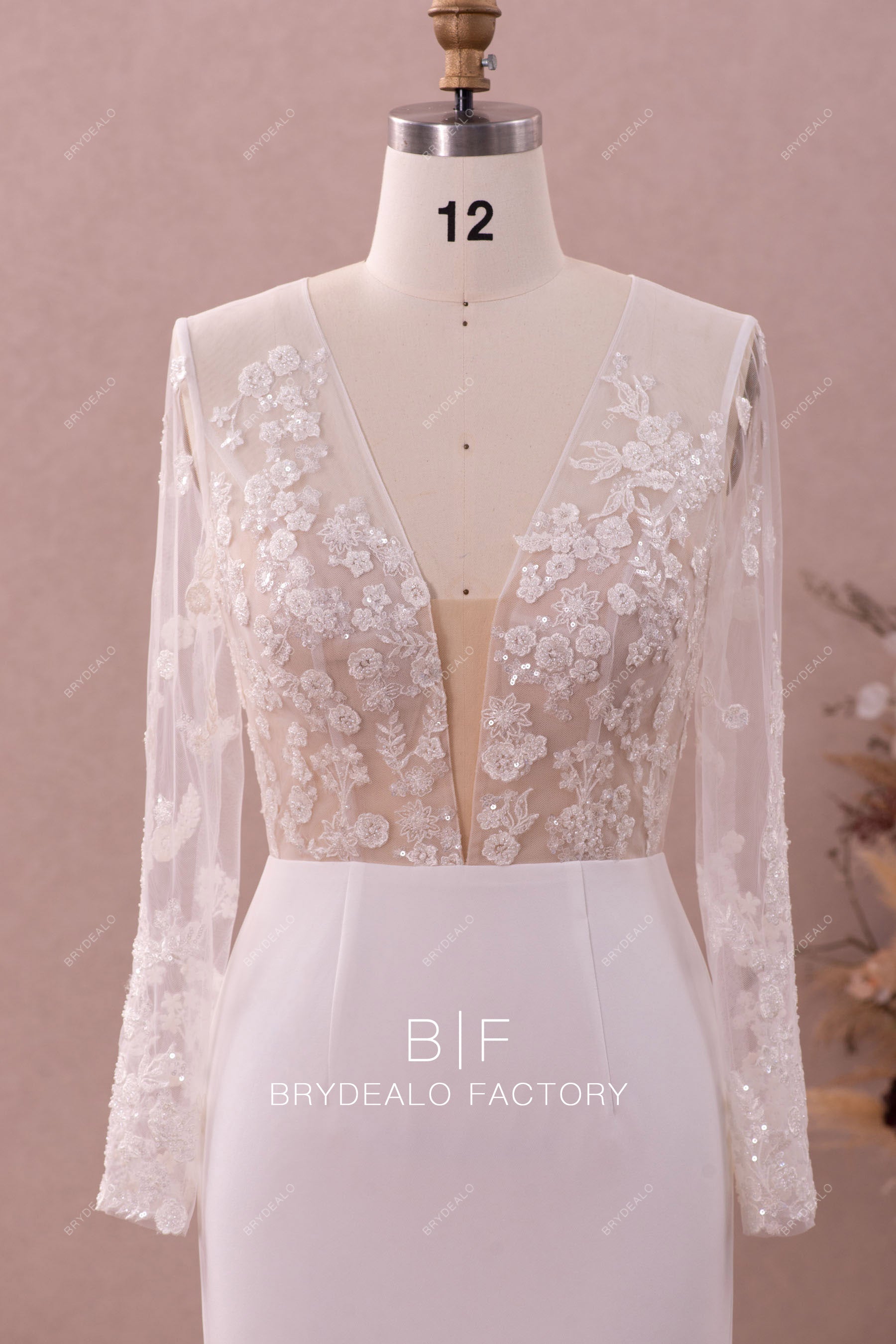 sheer long sleeves plunging neck lace wedding dress