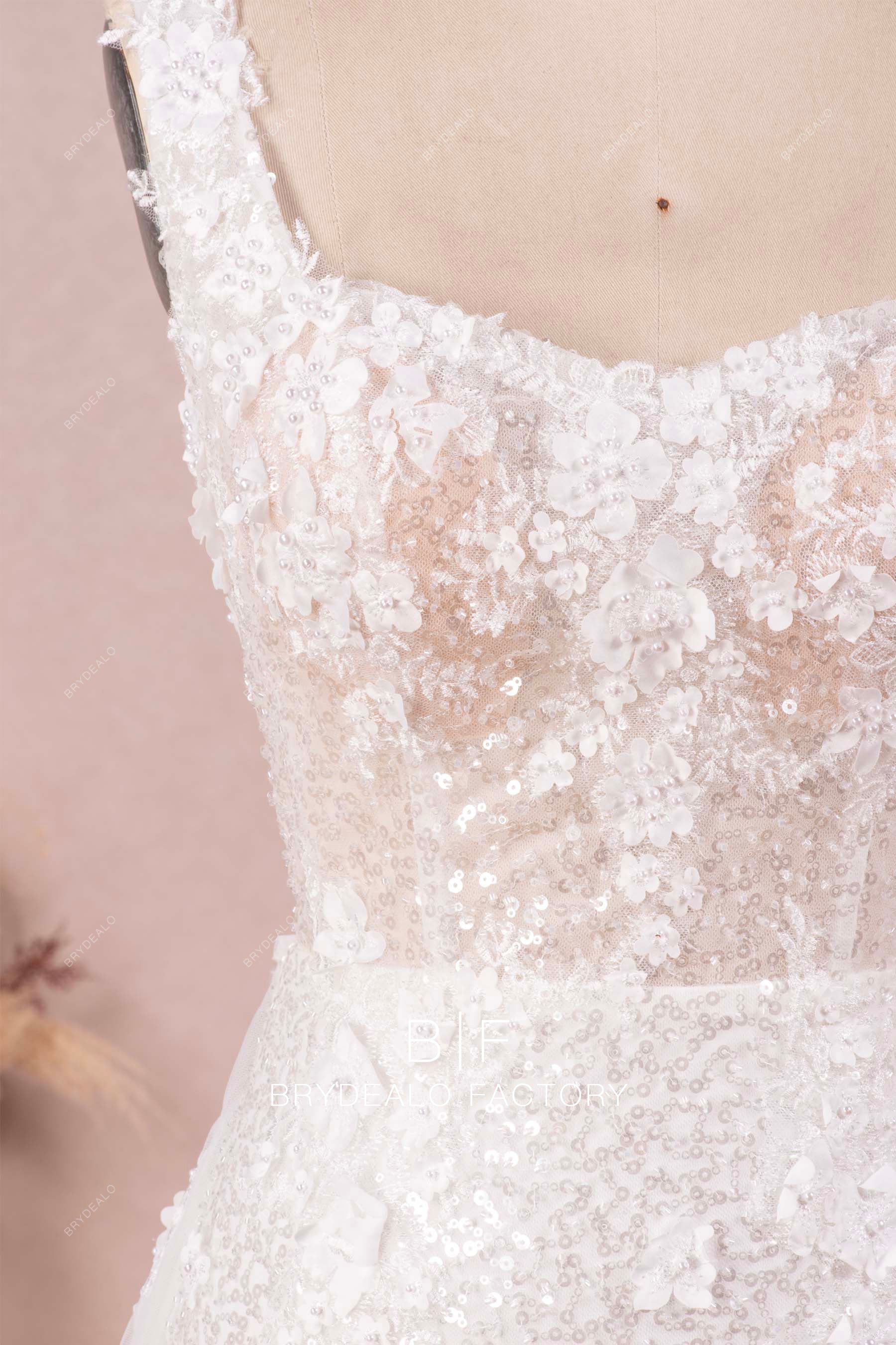 sleeveless designer 3D flower lace sparkly wedding dress