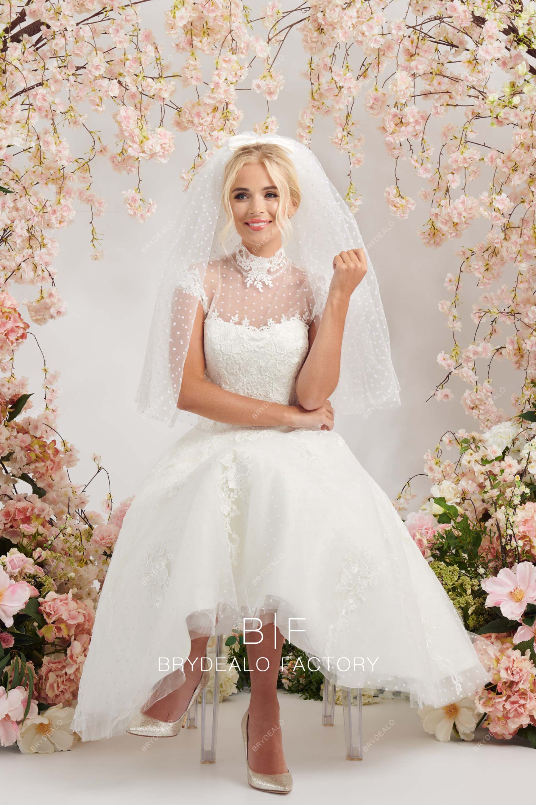 Pretty Dot Tulle Lace Illusion Mock Neck Tea-Length Bridal Dress Pretty Dot Tulle Lace Illusion Mock Neck Tea-Length Bridal Dress