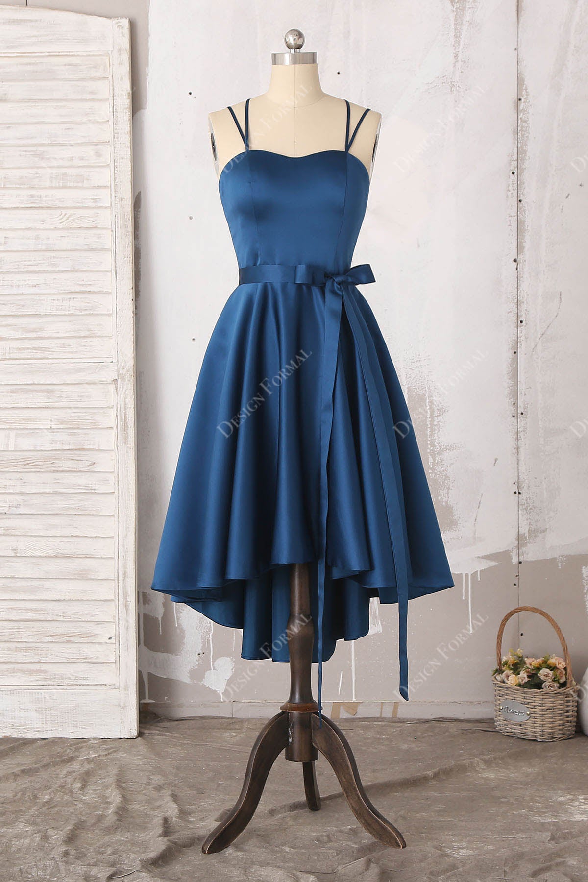 Ink Blue Satin High-low Spaghetti Straps Homecoming Dress