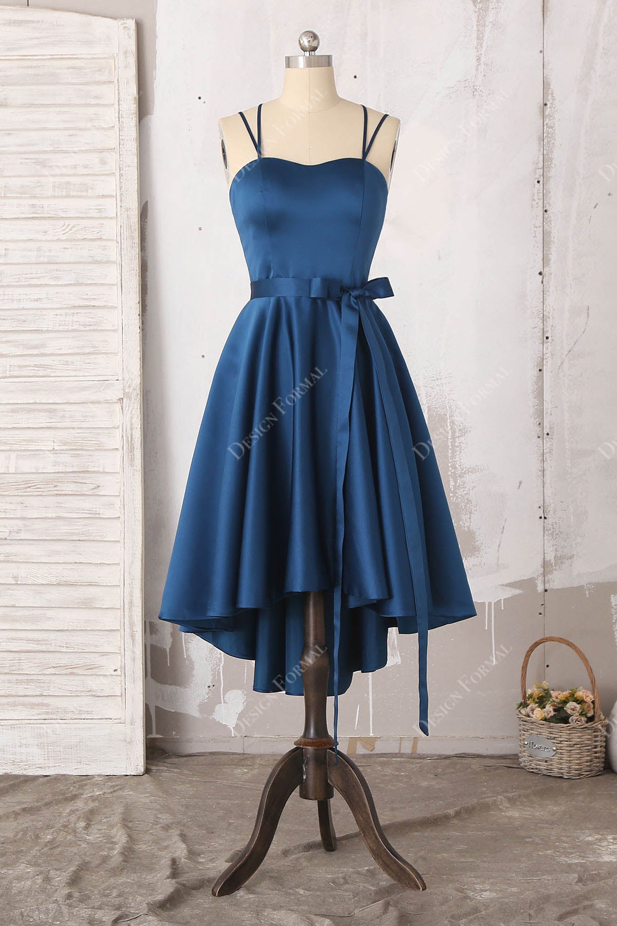 Ink Blue Satin High-Low Spaghetti Straps Homecoming Dress Ink Blue Satin High-Low Spaghetti Straps Homecoming Dress
