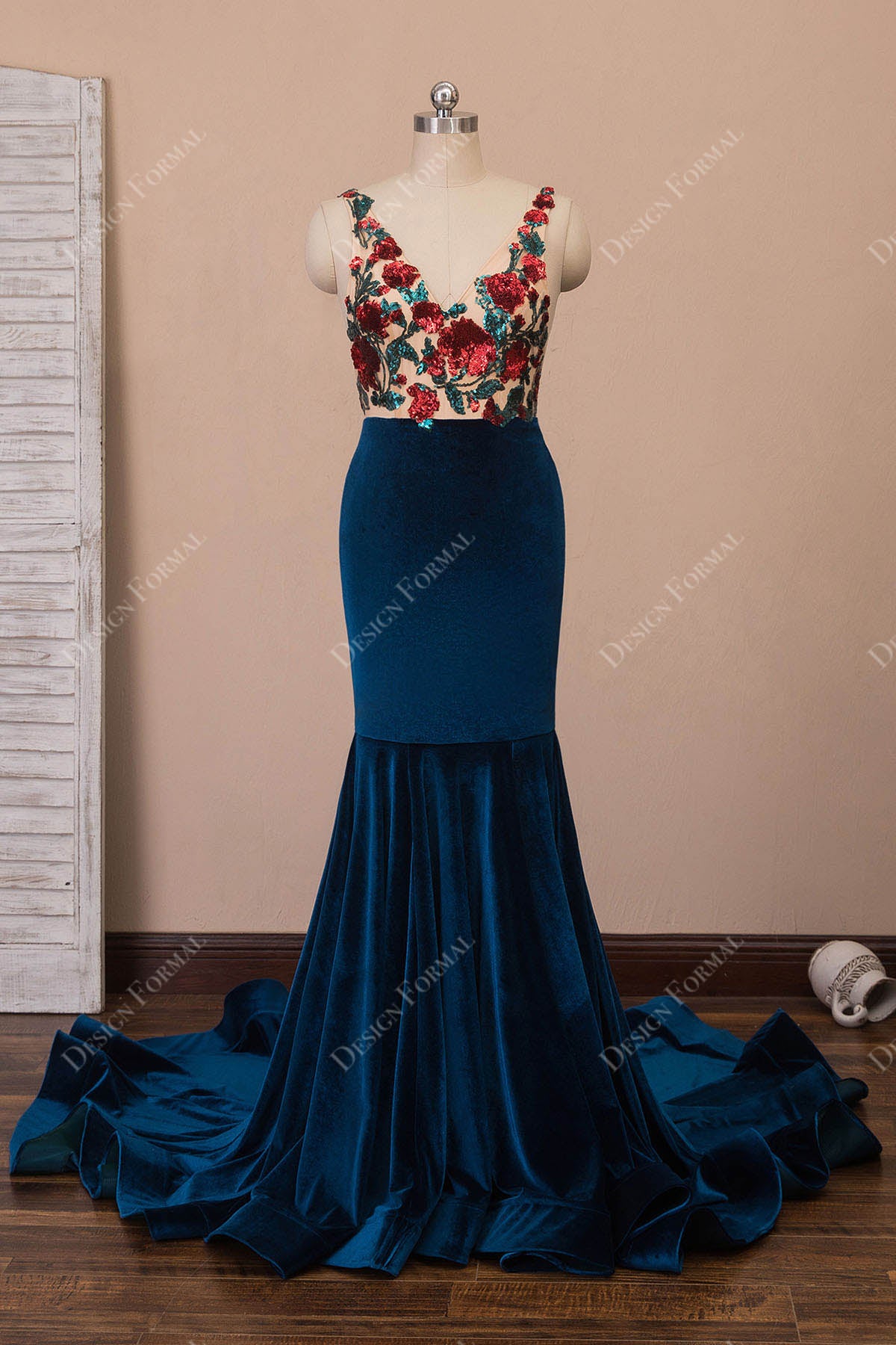 chinese dress ladies Ink Velvet Unique Illusion Sequin Flowers Mermaid Long Prom Dress