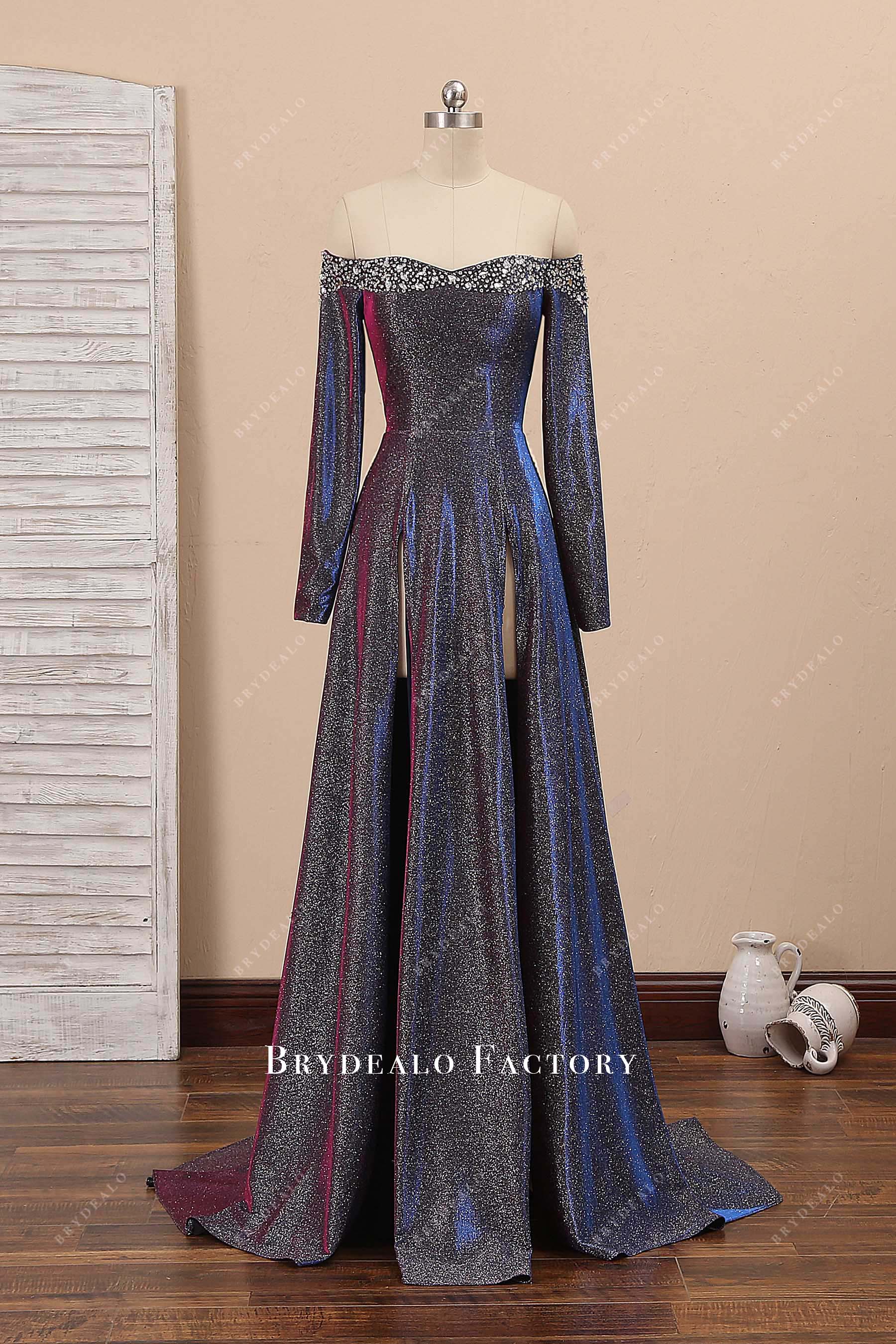Unique Iridescent Fuchsia Glitter Off-shoulder Sexy Slit Prom Dress Unique Iridescent Fuchsia Glitter Off-shoulder Sexy Slit Prom Dress