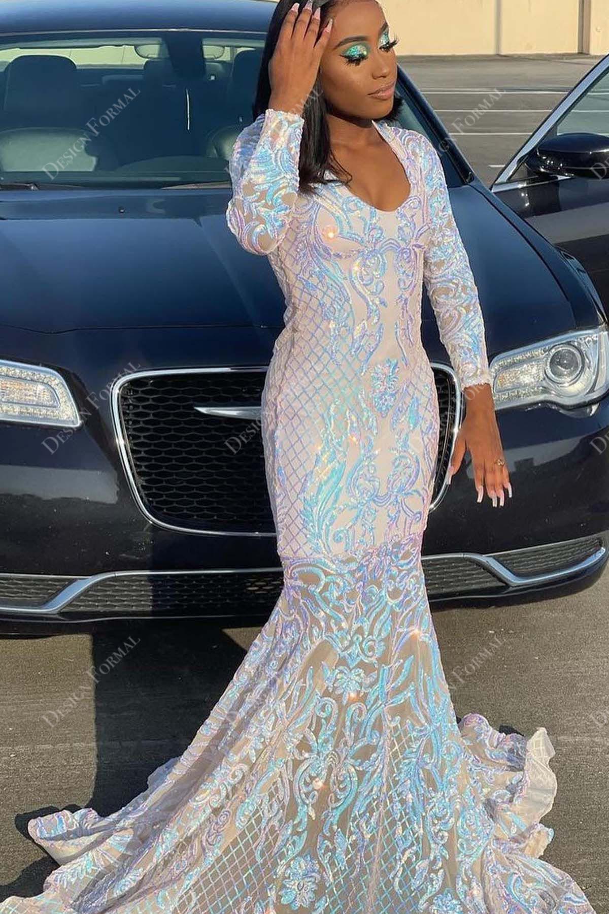 iridescent sequin mermaid long sleeve prom dress