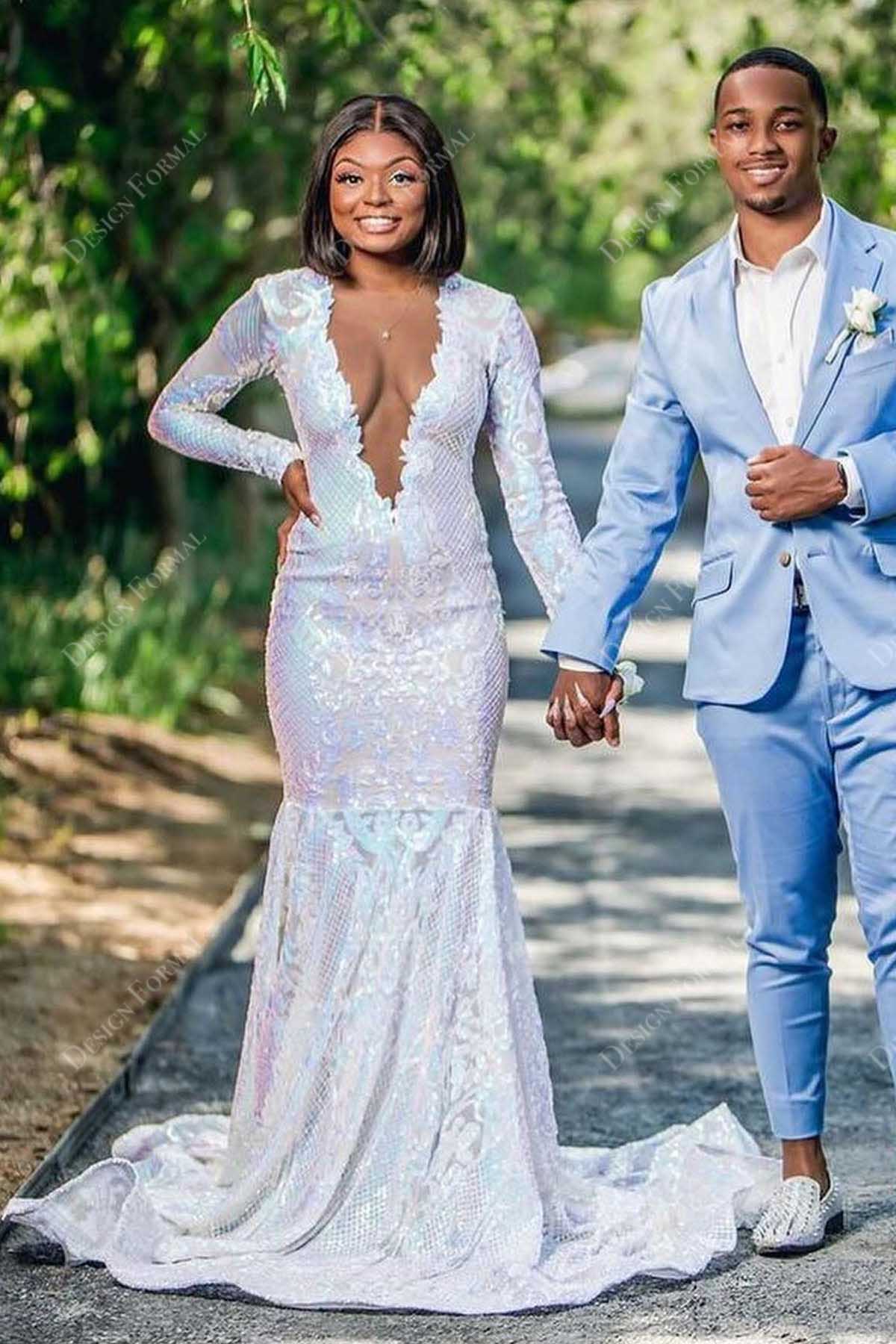 iridescent sequin plunging neck prom dress
