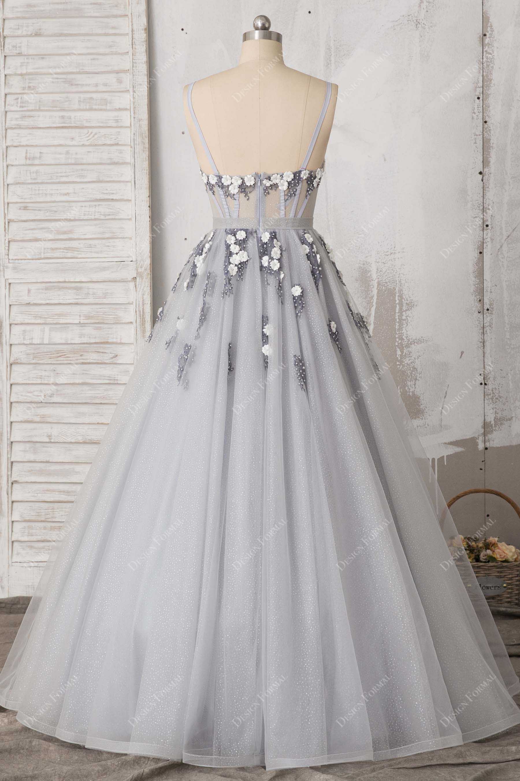 ivory 3D petals floor length grey prom dress