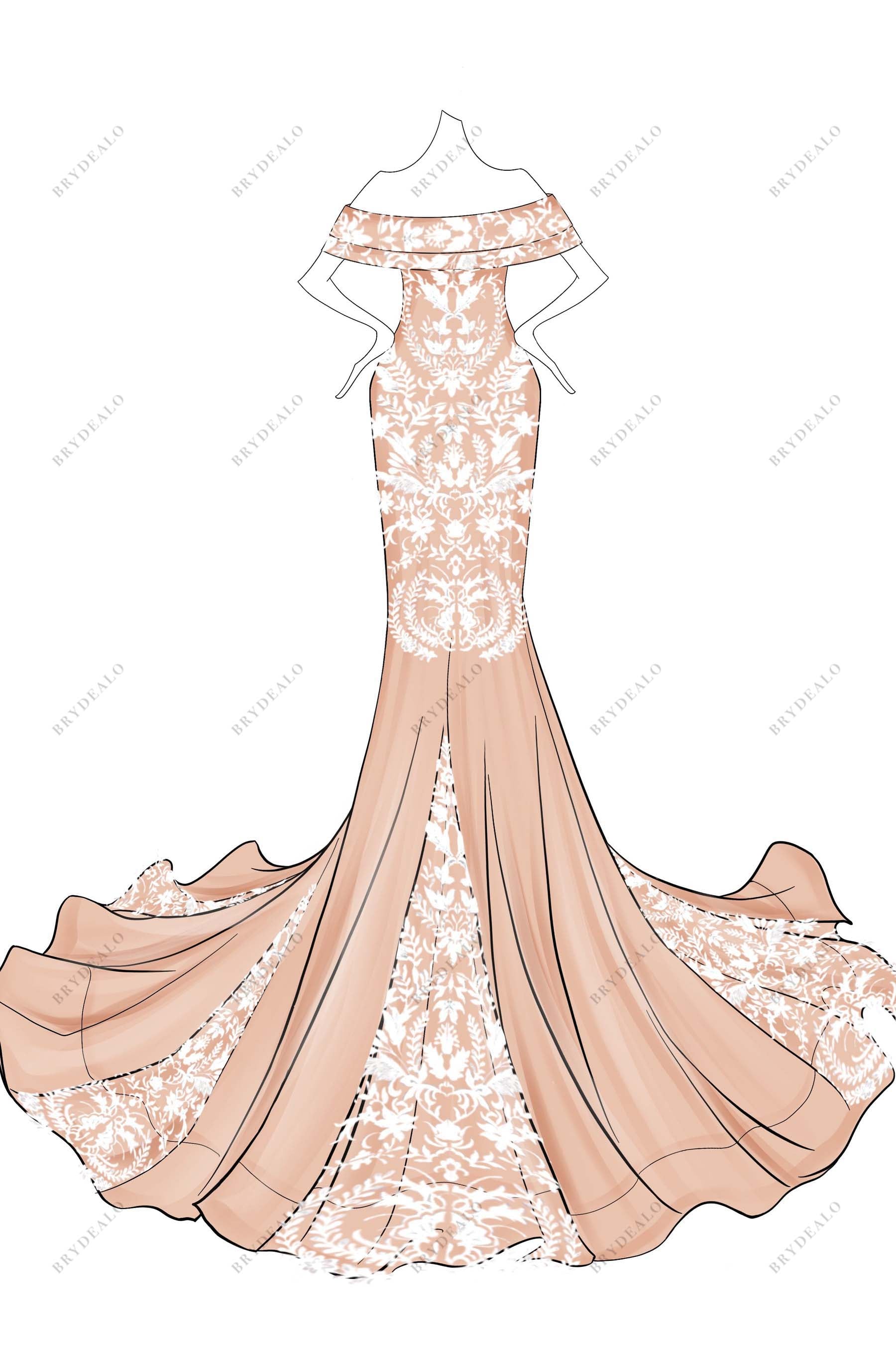 Off-shoulder Mermaid Hand-drawn Wedding Dress Design