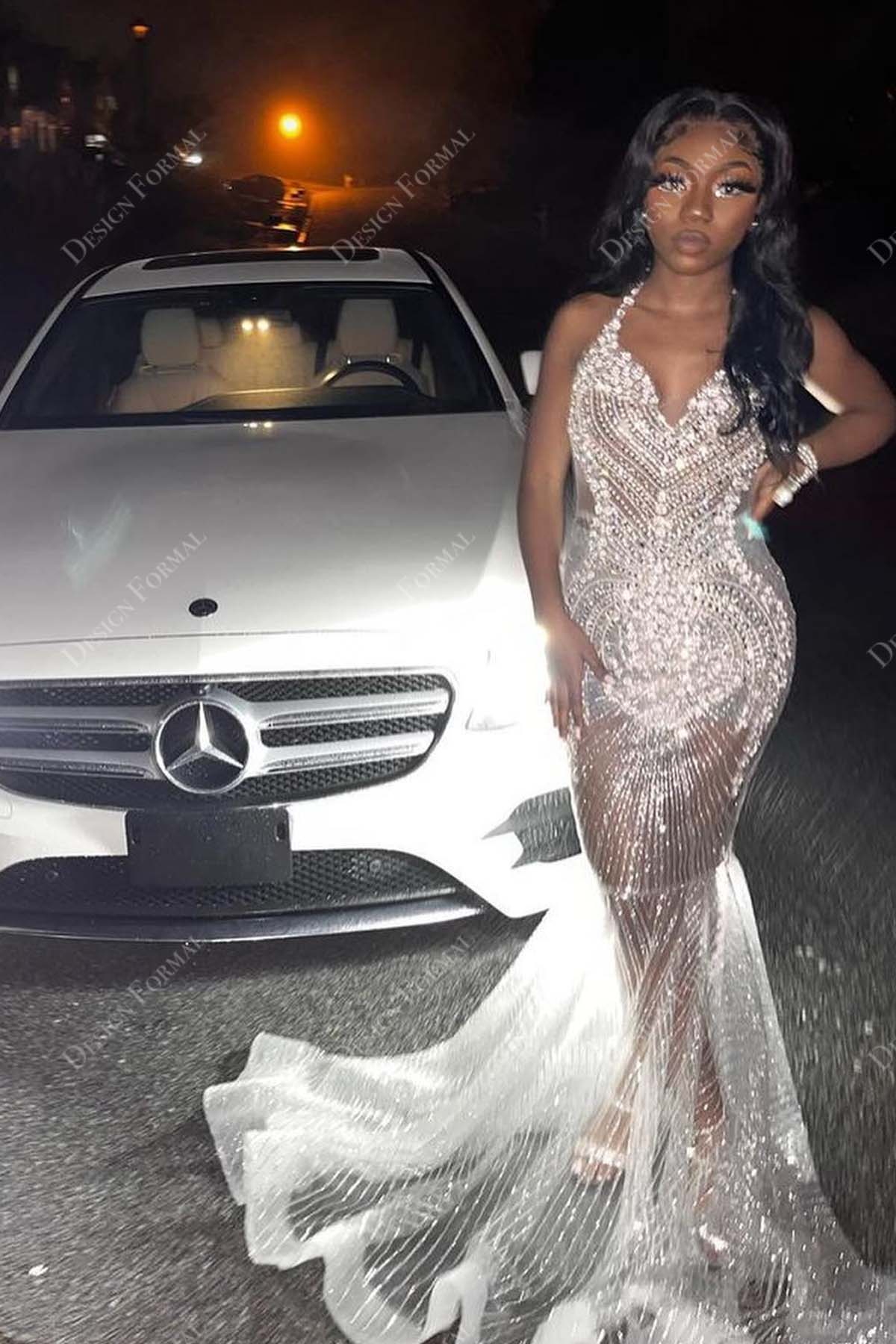 Silver Crystals Halter Glitter Mermaid Designer Prom Dress