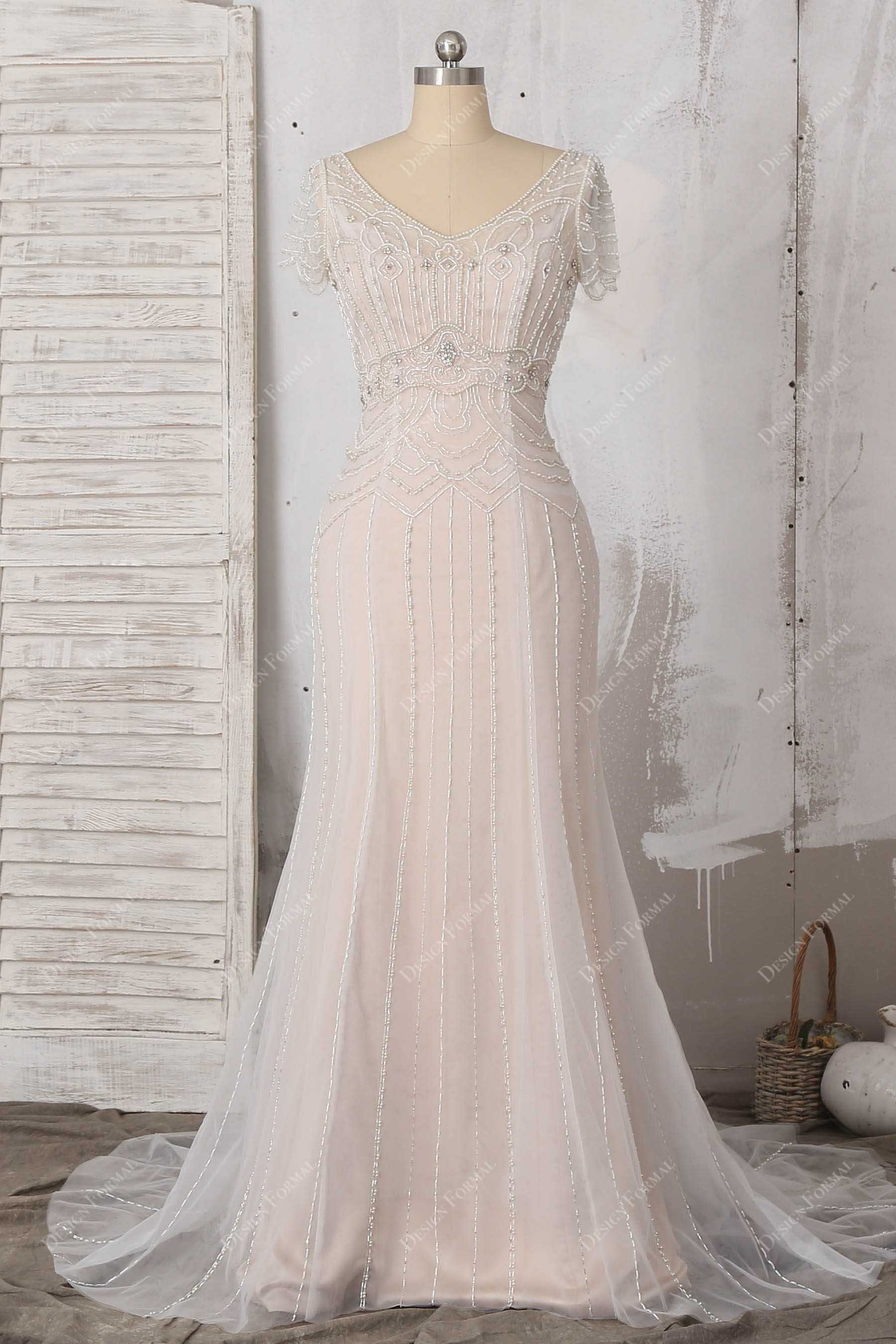 2 in 1 Hand-Sewn Beading Short Sleeve Mermaid Slip Champagne Bridal Gown 2 in 1 Hand-Sewn Beading Short Sleeve Mermaid Slip Champagne Bridal Gown