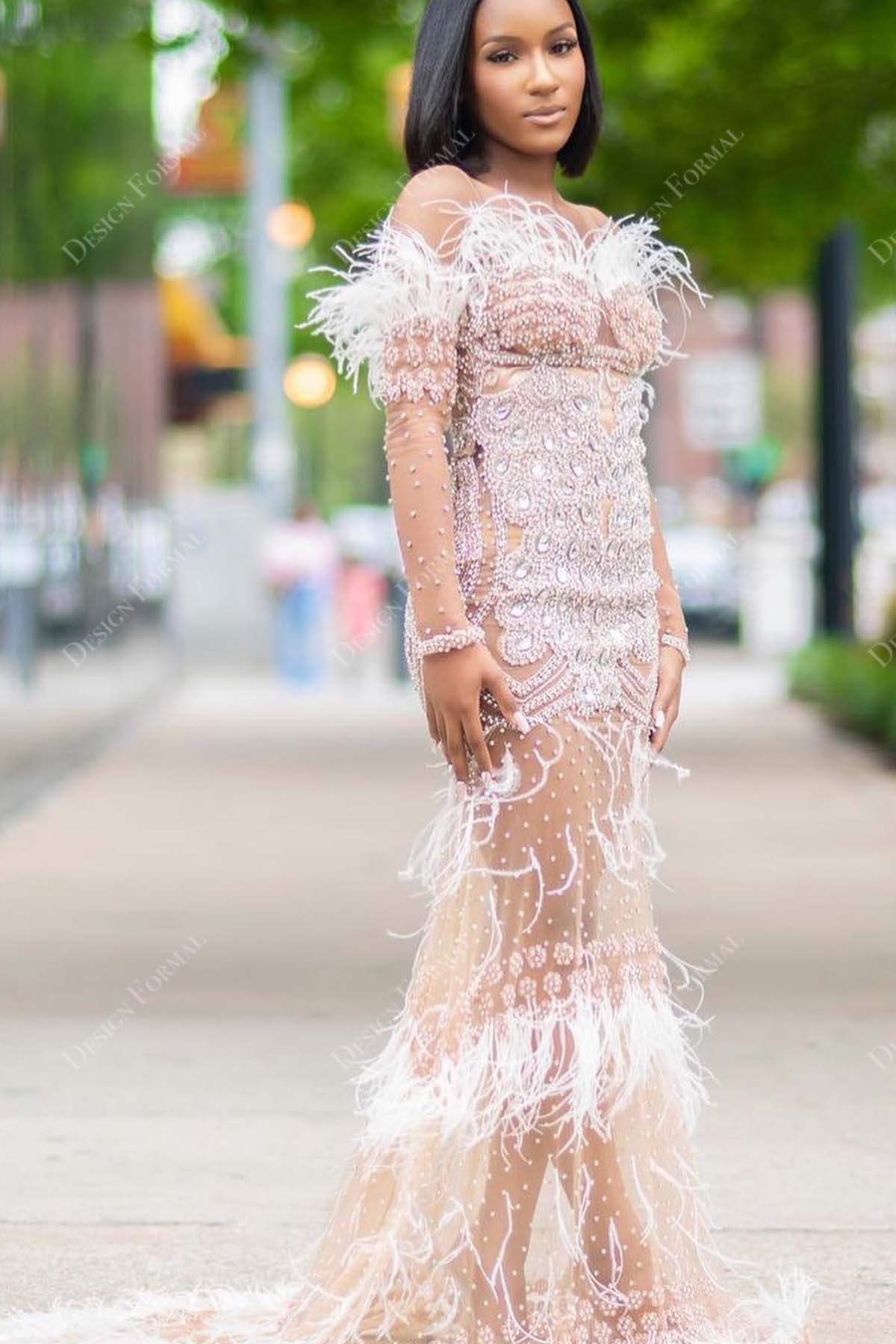 ivory feather beaded illusion nude mermaid dress