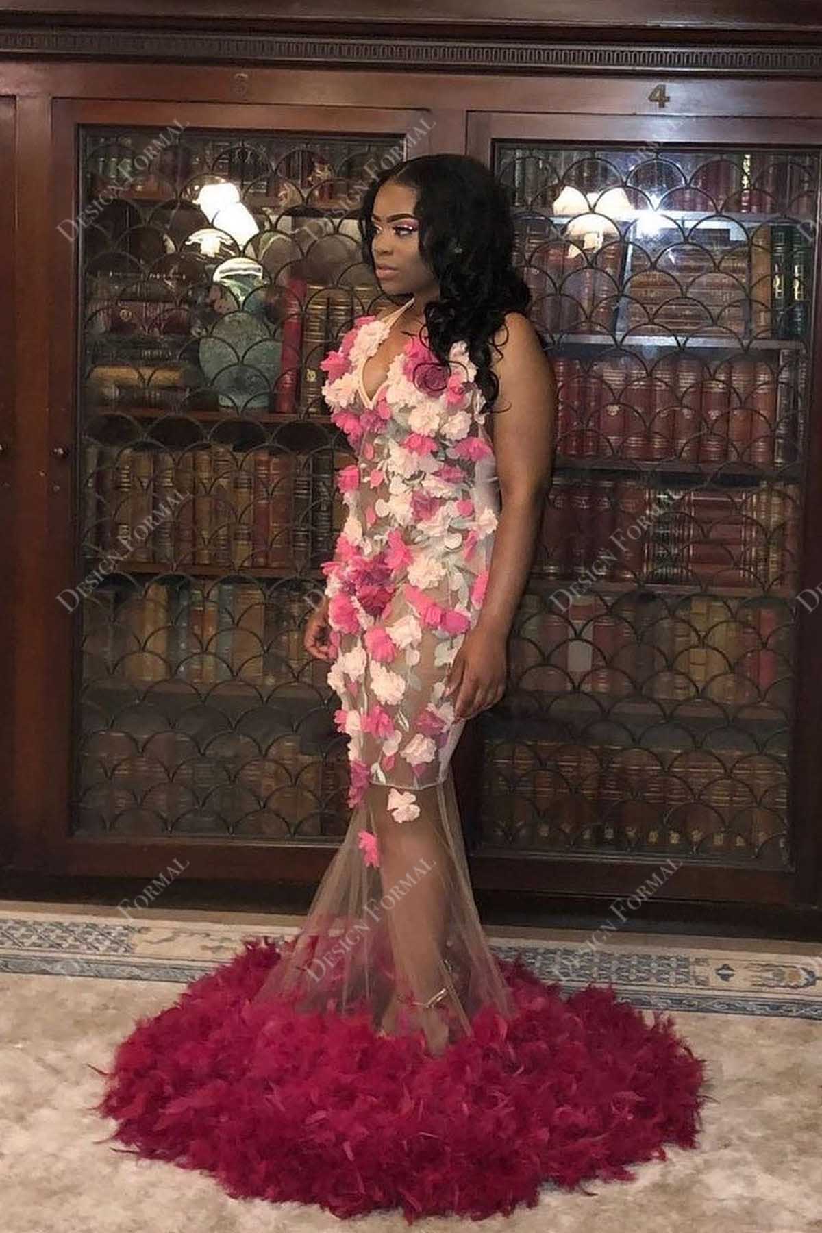 ivory handmade 3D flowers burgundy feathers mermaid prom dress