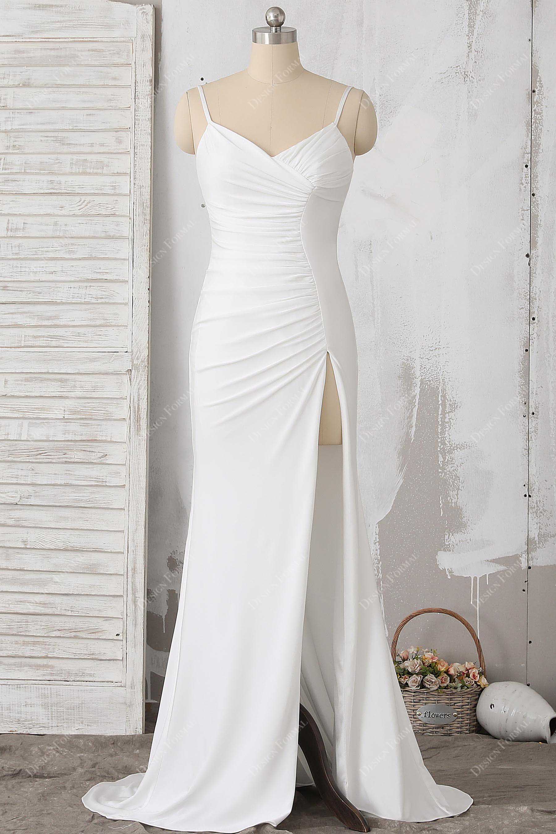 White Draped Jersey Sexy Slit Spaghetti Straps Prom Dress White Draped Jersey Sexy Slit Spaghetti Straps Prom Dress