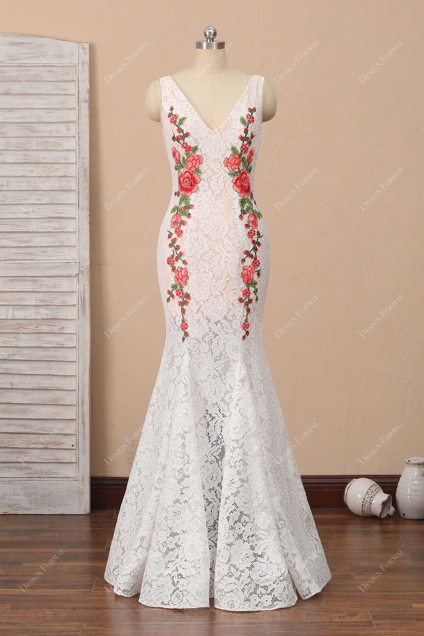 Red Flower White Lace Trumpet Floor Length Evening Casual Bridal Dress Red Flower White Lace Trumpet Floor Length Evening Casual Bridal Dress