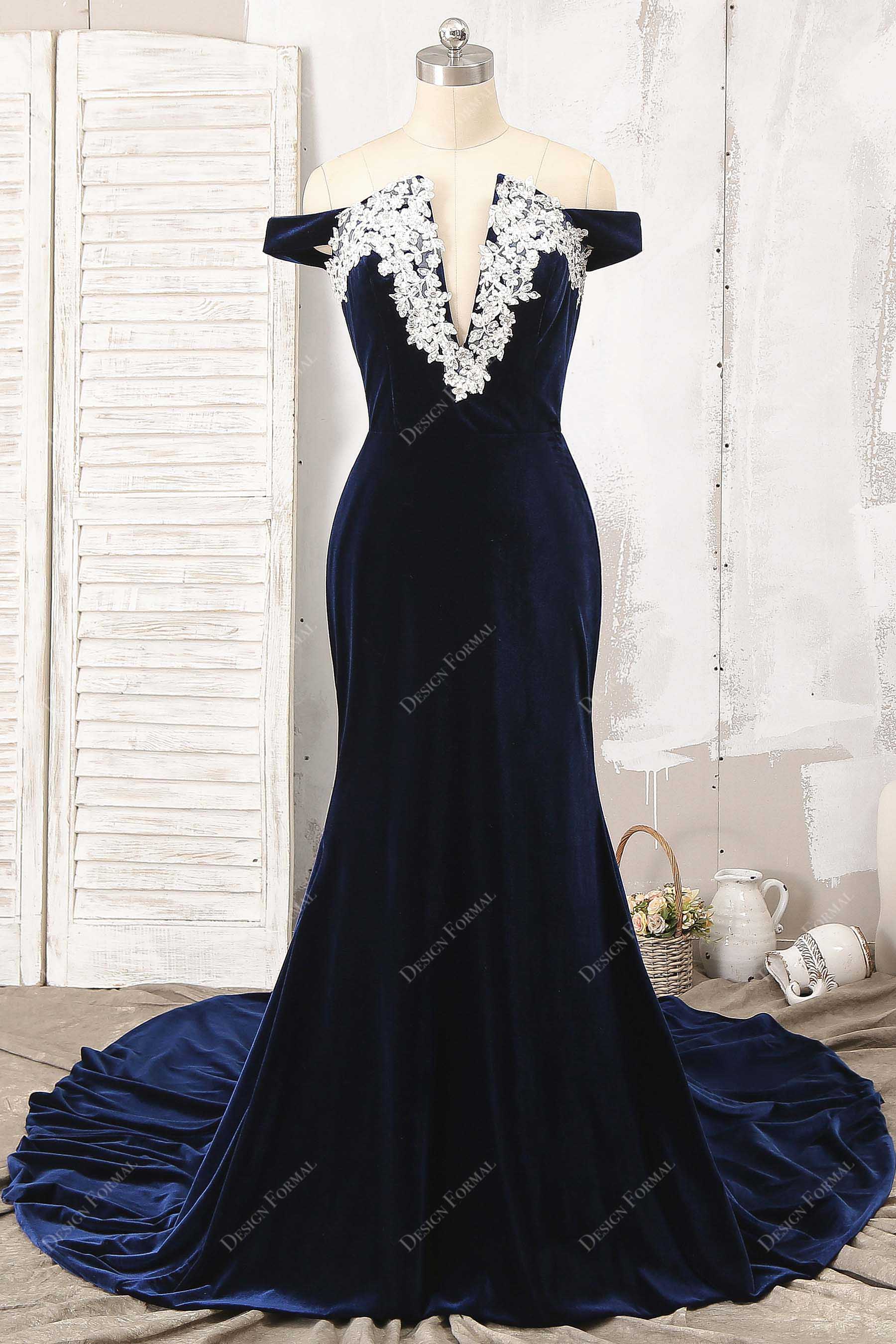 Navy Velvet Applique Off-Shoulder Plus Size Mermaid Prom Dress Navy Velvet Applique Off-Shoulder Plus Size Mermaid Prom Dress