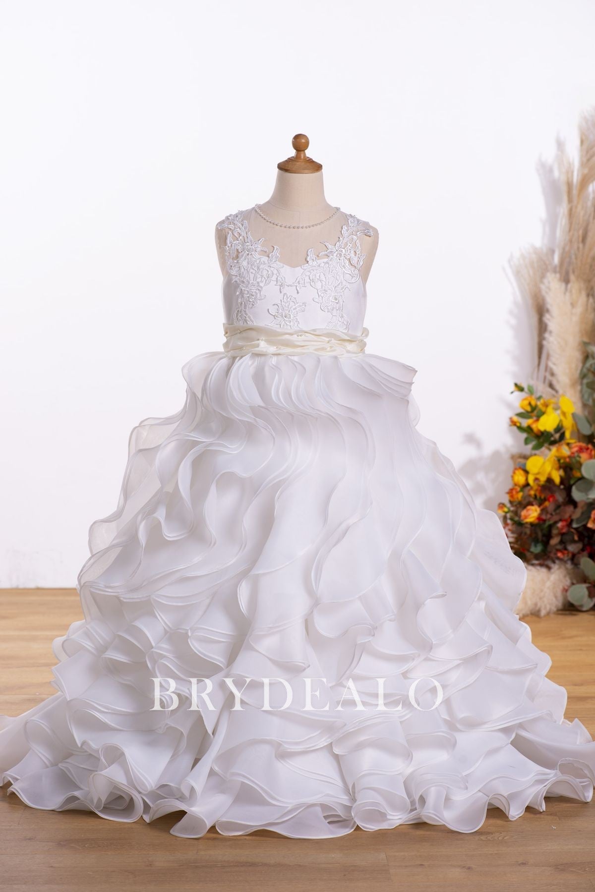 Lace Pearls Princess Long Ruffled Flower Girl Wedding Ball Gown