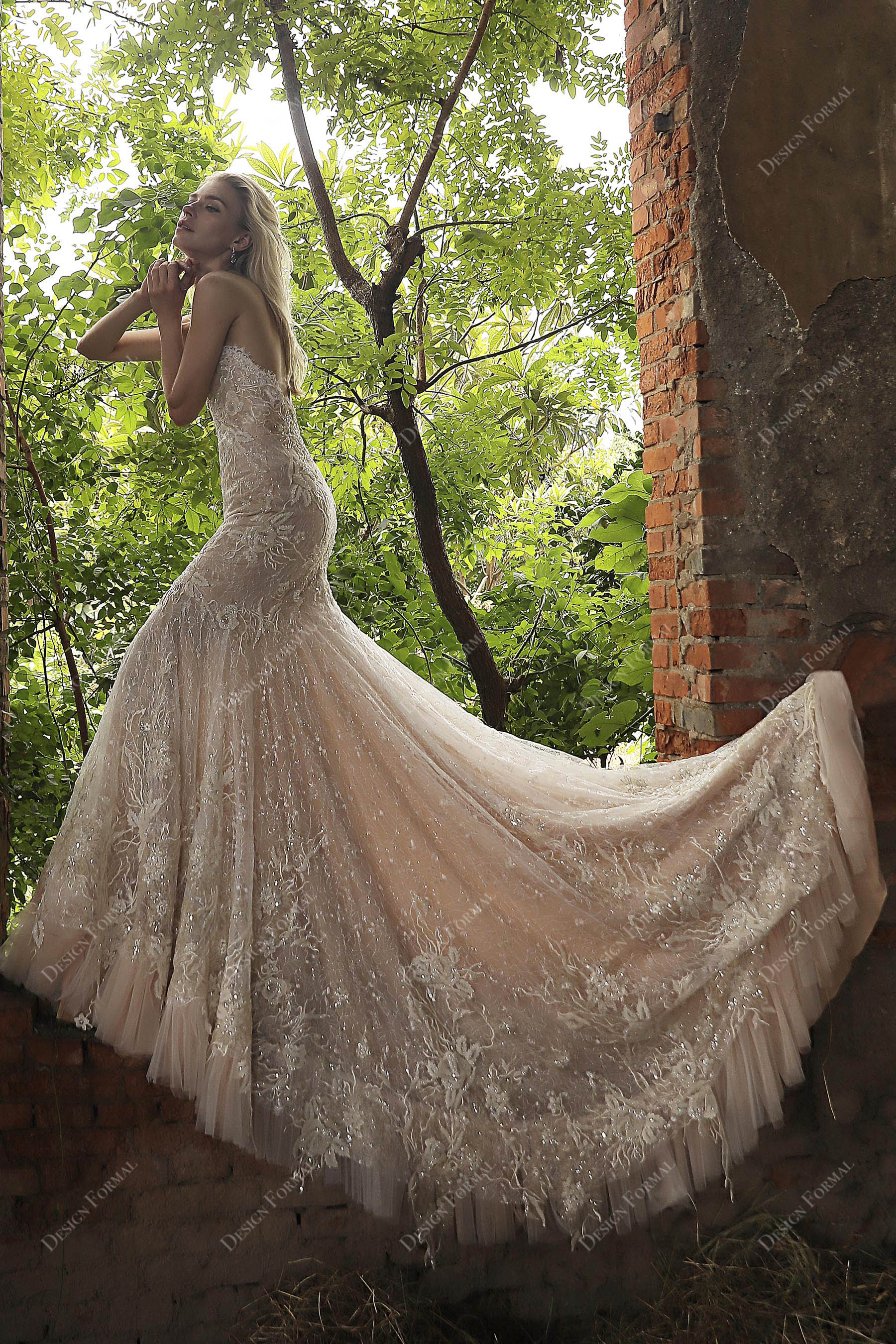 Ivory overlaid Dusty Rose Trumpet Wedding Dress